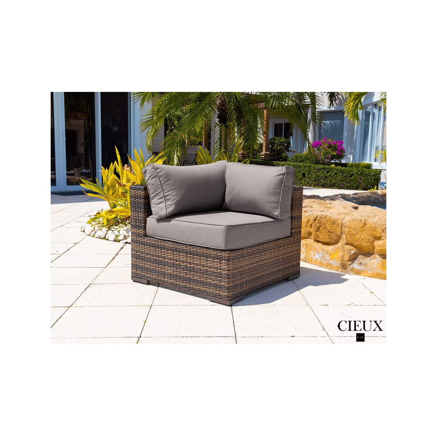 CIEUX Valence Outdoor Patio Wicker Large Corner Sectional Sofa and Coffee Table Set in Brown with Sunbrella Canvas Taupe Cushions