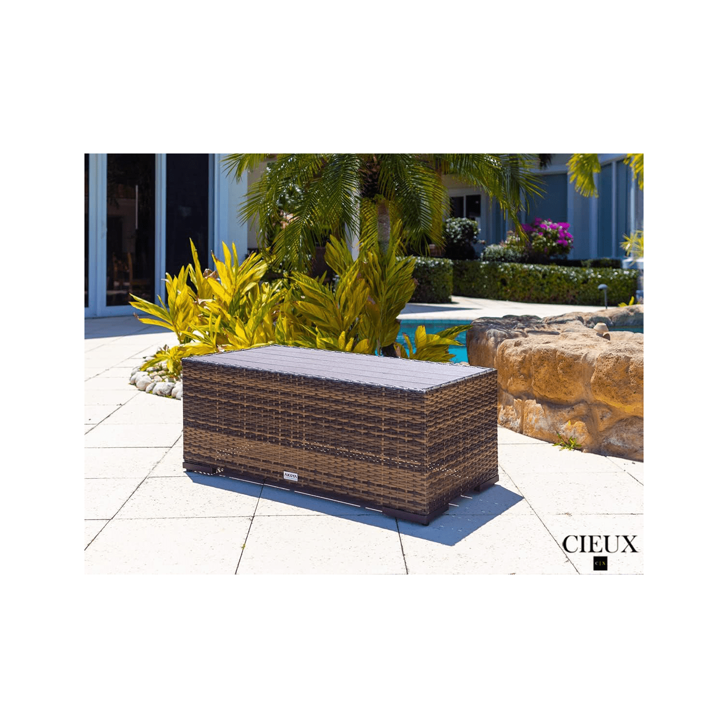 CIEUX Valence Outdoor Patio Wicker Large Corner Sectional Sofa and Coffee Table Set in Brown with Sunbrella Canvas Taupe Cushions