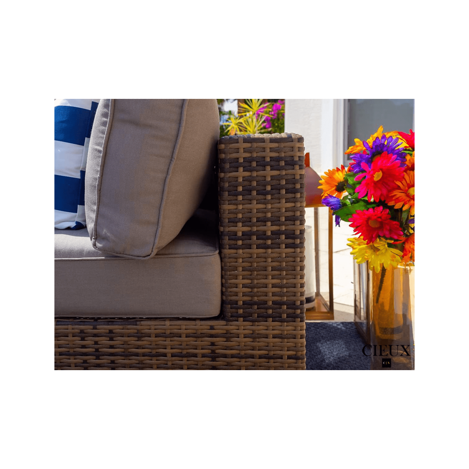 CIEUX Valence Outdoor Patio Wicker Large Corner Sectional Sofa and Coffee Table Set in Brown with Sunbrella Canvas Taupe Cushions