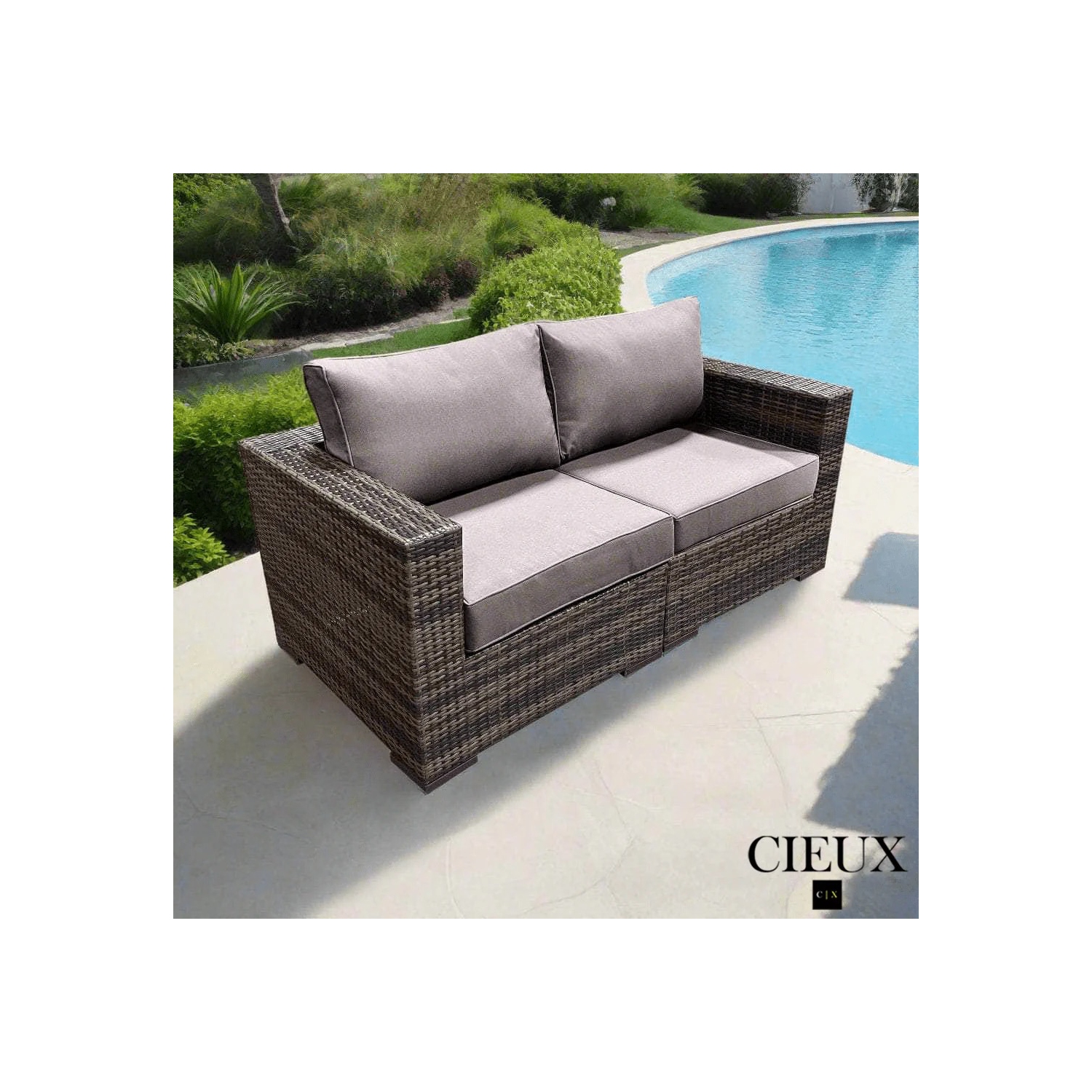 CIEUX Valence&nbsp;Outdoor&nbsp;Patio Wicker Loveseat in Brown with Sunbrella Canvas Taupe Cushions