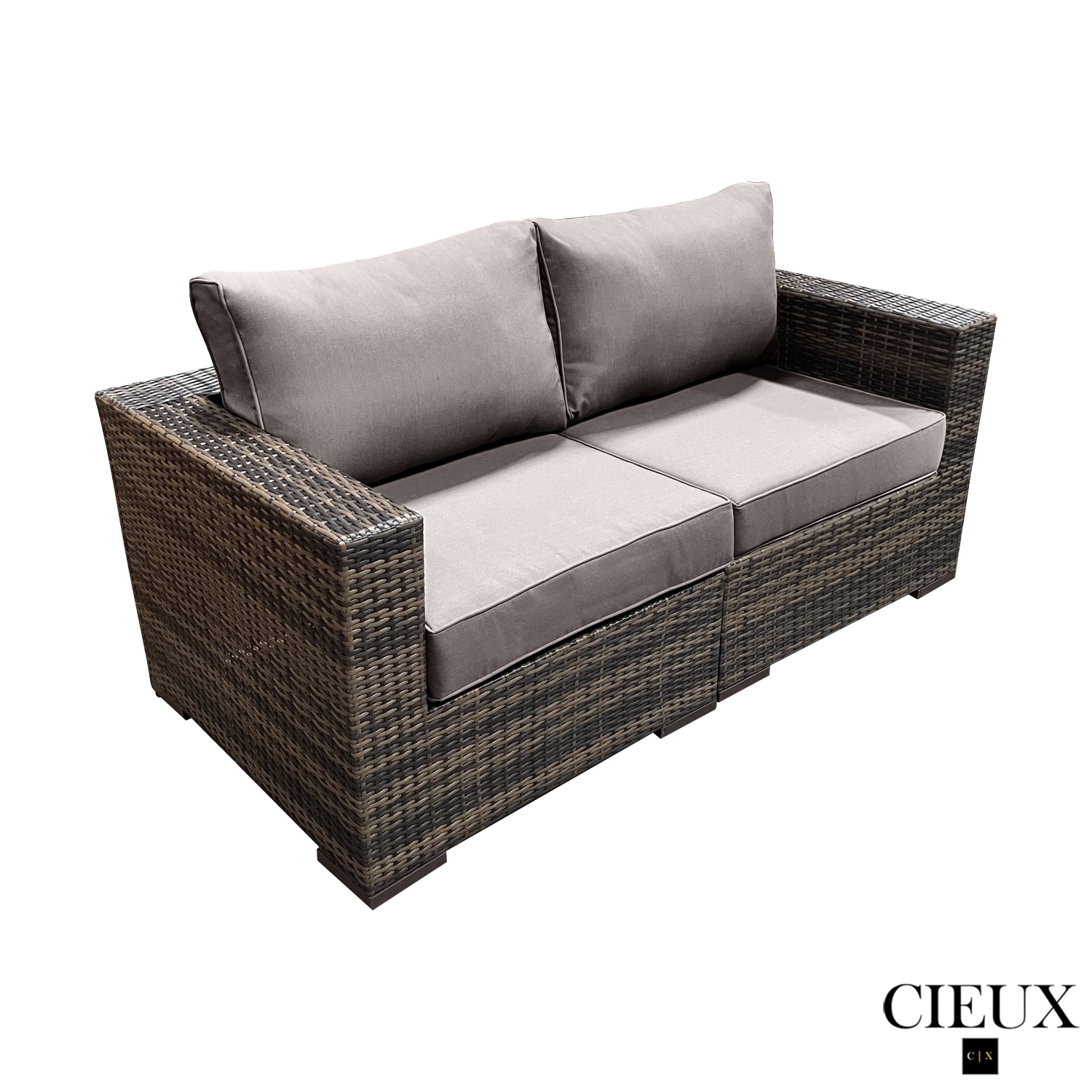 CIEUX Valence&nbsp;Outdoor&nbsp;Patio Wicker Loveseat in Brown with Sunbrella Canvas Taupe Cushions