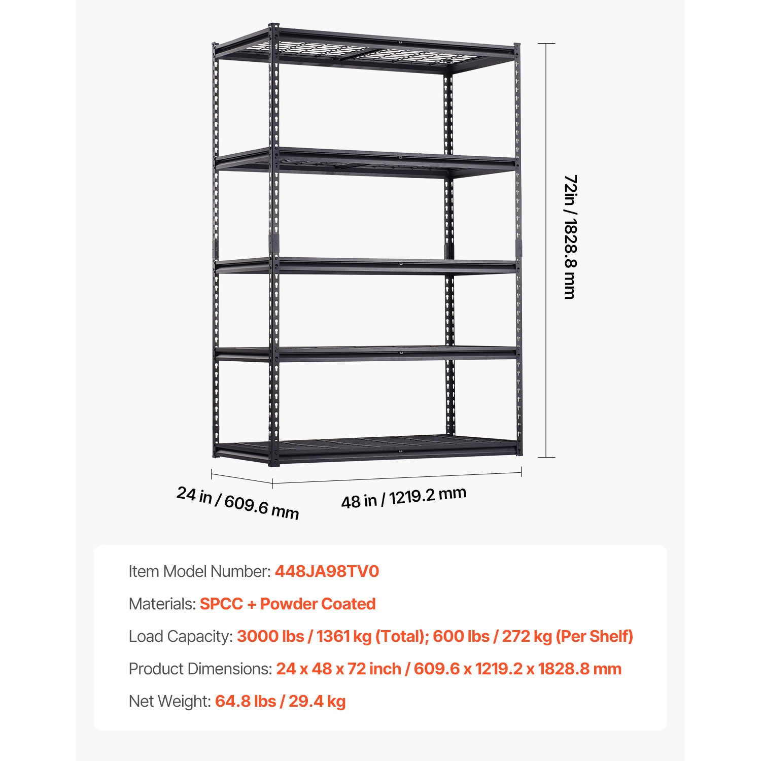 VEVOR 24"D x 48"W x 72"H Storage Shelves, 3000 lbs, 5 Tier Heavy Duty Garage Shelving, Adjustable Metal Shelves for Industrial Shelving Unit Utility