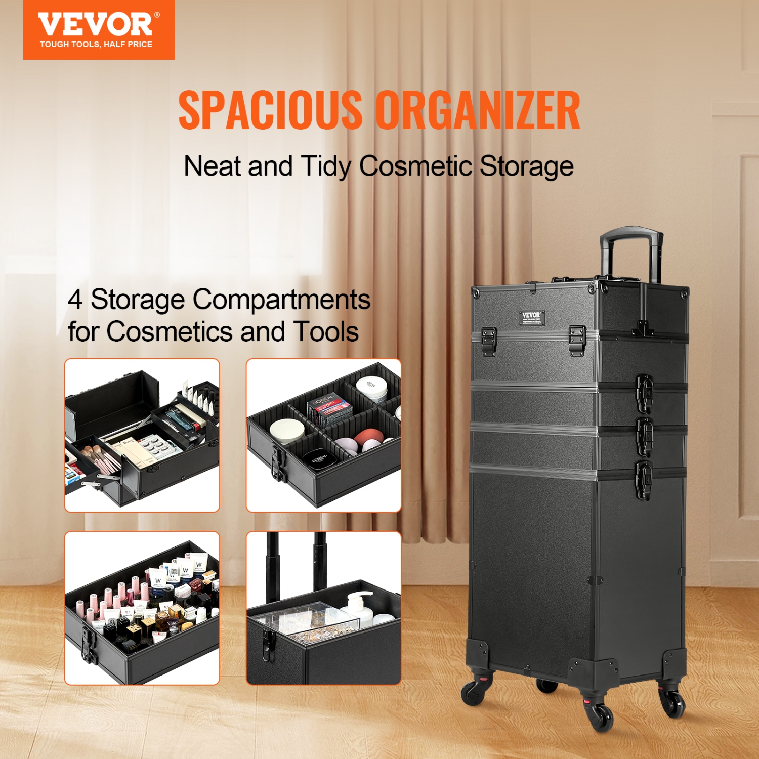 VEVOR 5 in 1 Professional Makeup Train Case Aluminum Cosmetic Case, Rolling Makeup Case Extra Large Trolley Makeup Travel Organizer, with 360° Swivel