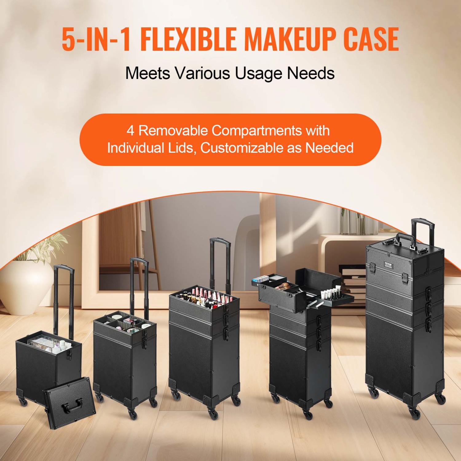 VEVOR 5 in 1 Professional Makeup Train Case Aluminum Cosmetic Case, Rolling Makeup Case Extra Large Trolley Makeup Travel Organizer, with 360° Swivel
