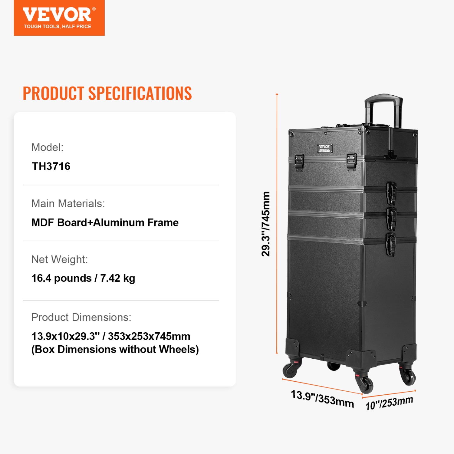 VEVOR 5 in 1 Professional Makeup Train Case Aluminum Cosmetic Case, Rolling Makeup Case Extra Large Trolley Makeup Travel Organizer, with 360° Swivel
