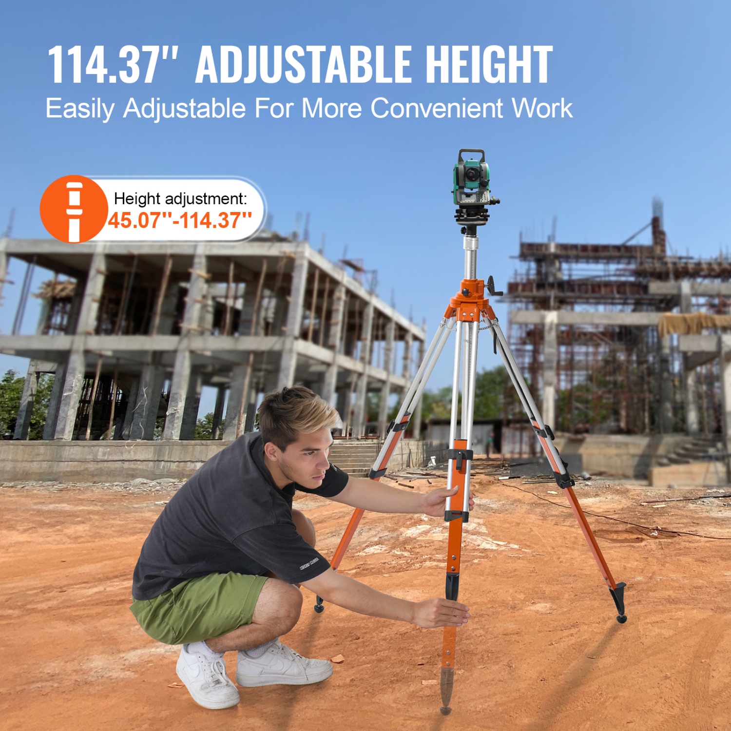VEVOR 45.07-114.37 inch Laser Level Tripod Stand, 5/8"-11 Thread Mount, Adjustment Height Survey Tripod, with Level Bubble & Diffusion Limiter ,