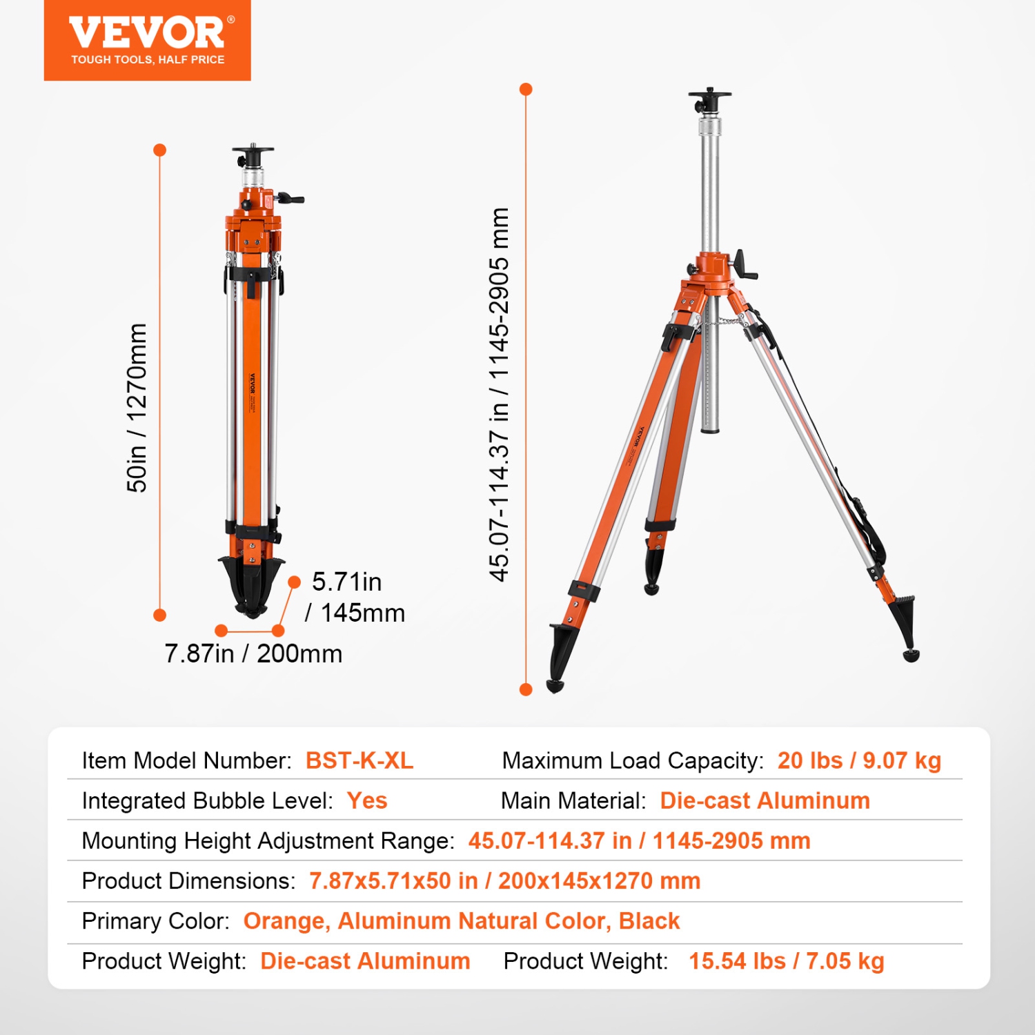VEVOR 45.07-114.37 inch Laser Level Tripod Stand, 5/8"-11 Thread Mount, Adjustment Height Survey Tripod, with Level Bubble & Diffusion Limiter ,