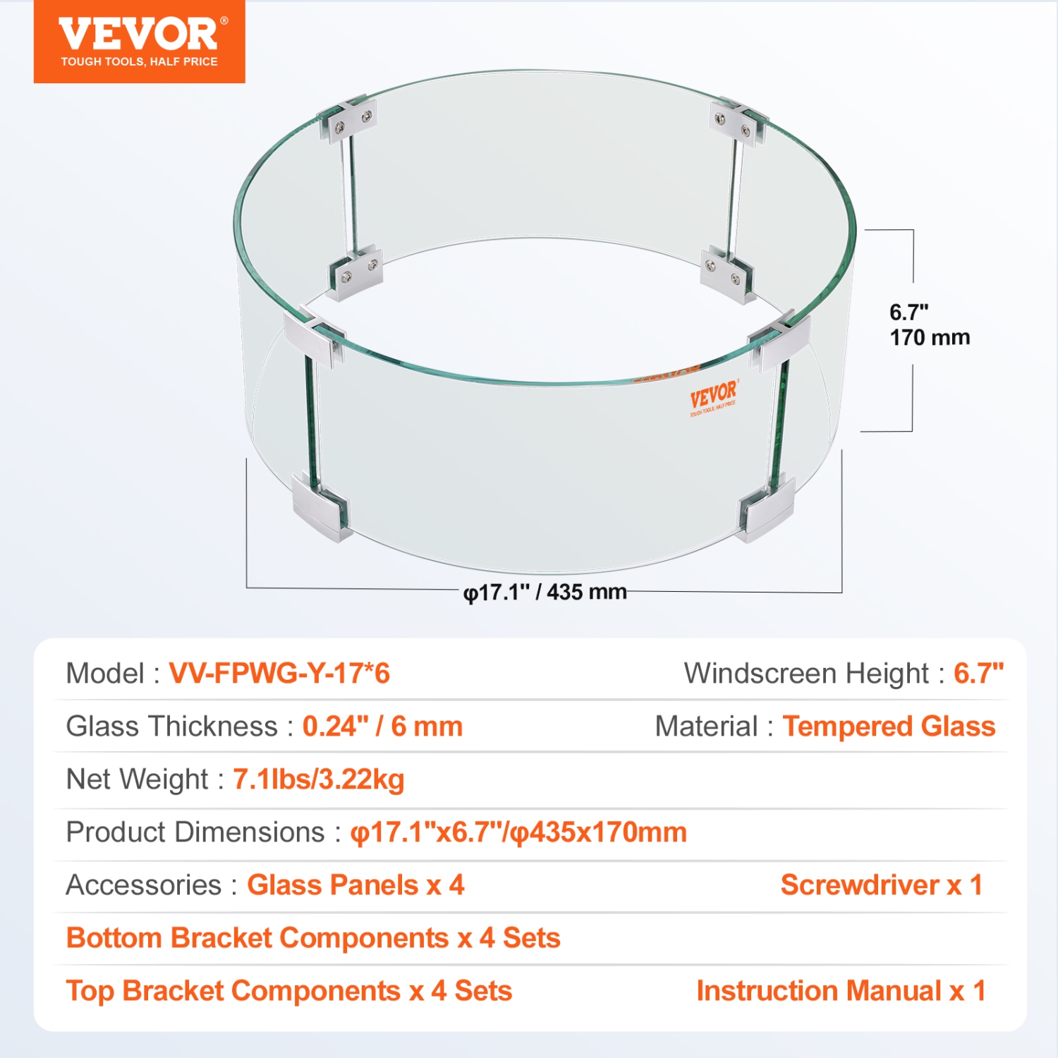 VEVOR 17 x 6.7 inch Fire Pit Wind Guard, Round Glass Flame Shield, 0.24-Inch Thick Fire Table Accessory, Clear Tempered Glass Flame Guard for