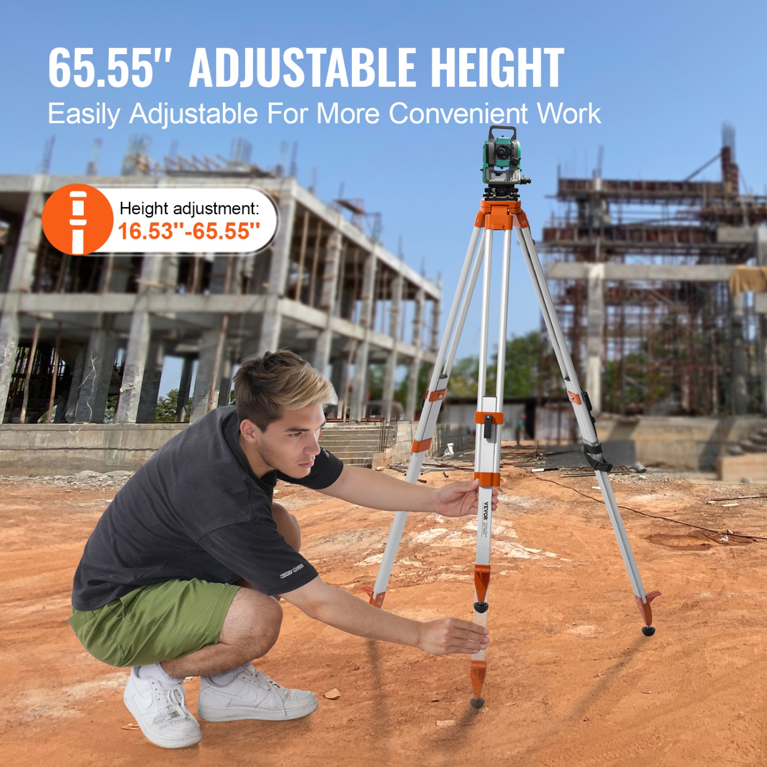 VEVOR 16.53-65.55 inch Laser Level Tripod Stand, 5/8"-11 Thread Mount, Adjustment Height Survey Tripod for Construction Laser Level Scanner,