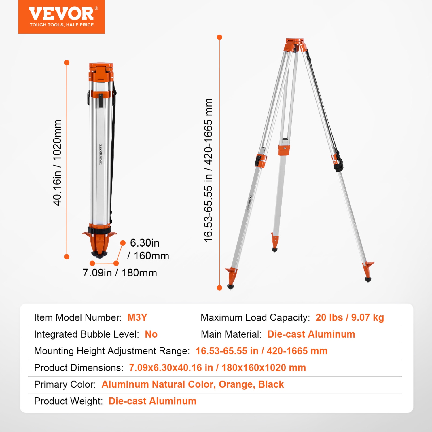 VEVOR 16.53-65.55 inch Laser Level Tripod Stand, 5/8"-11 Thread Mount, Adjustment Height Survey Tripod for Construction Laser Level Scanner,