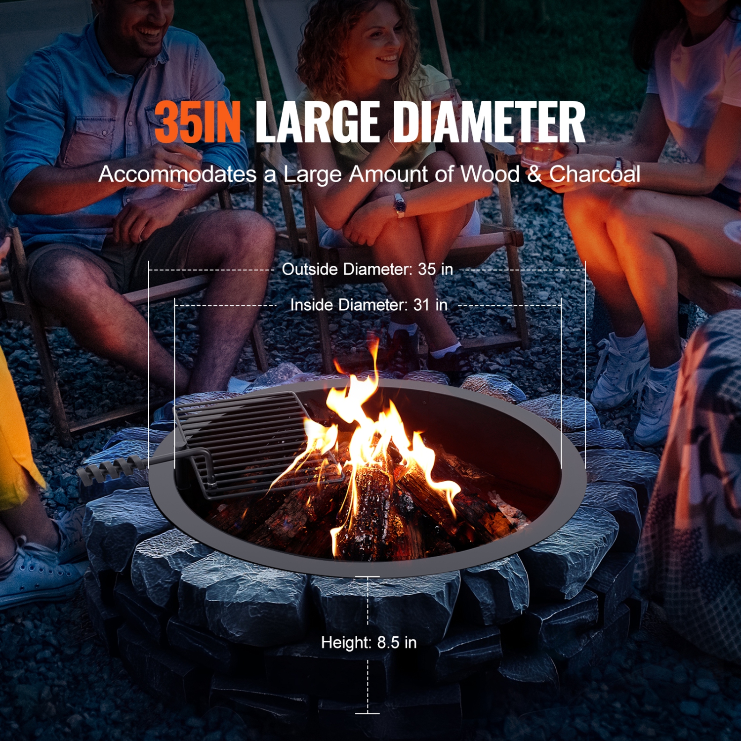 VEVOR 35-In Outer Fire Pit Ring, Fire Pit Insert with Barbecue Fire Ring, 31-In Inner Diameter, 8.5in Height, Carbon Steel Liner DIY Campfire Ring