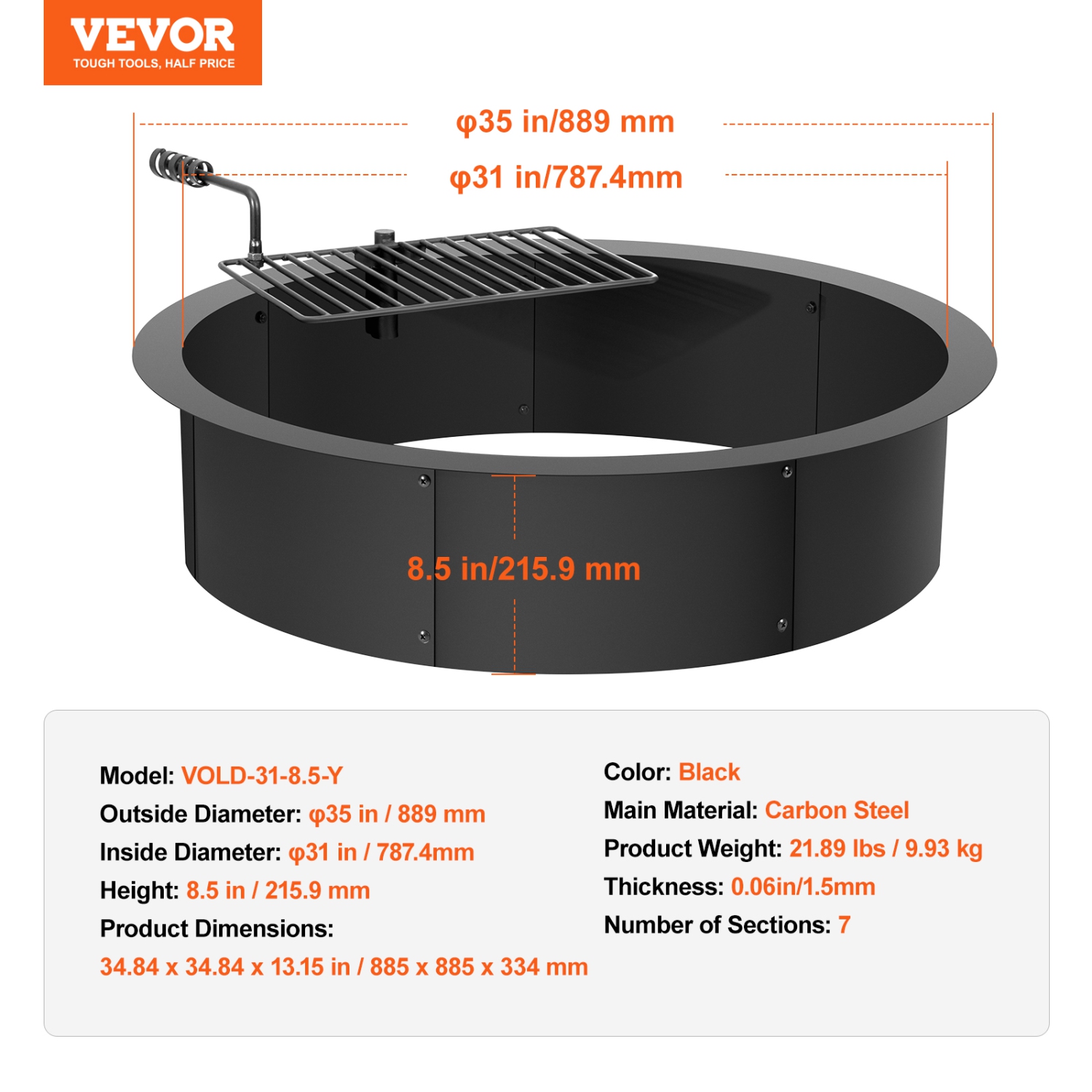 VEVOR 35-In Outer Fire Pit Ring, Fire Pit Insert with Barbecue Fire Ring, 31-In Inner Diameter, 8.5in Height, Carbon Steel Liner DIY Campfire Ring