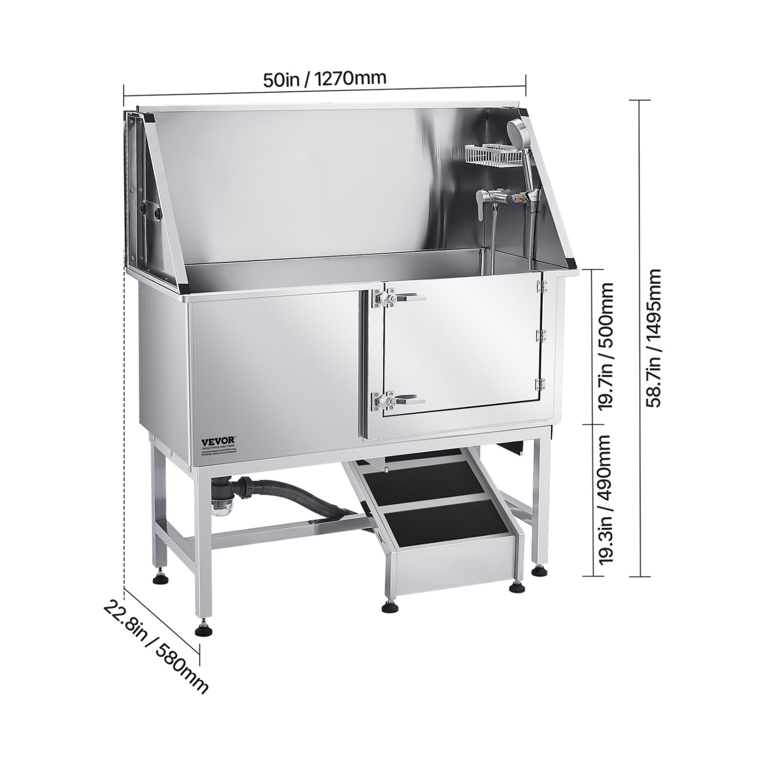 VEVOR 50 inch Stainless Steel Dog Washing Station, with Ramp, PE Water Filter Board, Faucet & Showerhead & Soap Holder Dog Bathtub for Large & Medium