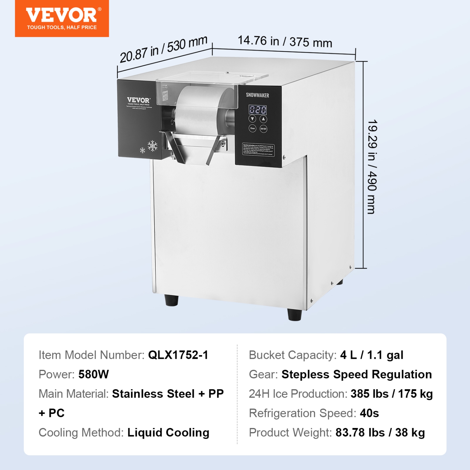 VEVOR 385LBS/24H Commercial Snowflake Ice Machine, Snowflake Ice Maker,Stainless Steel Ice Shaver Machine, Electric Snow Cone Maker,Liquid Cooling