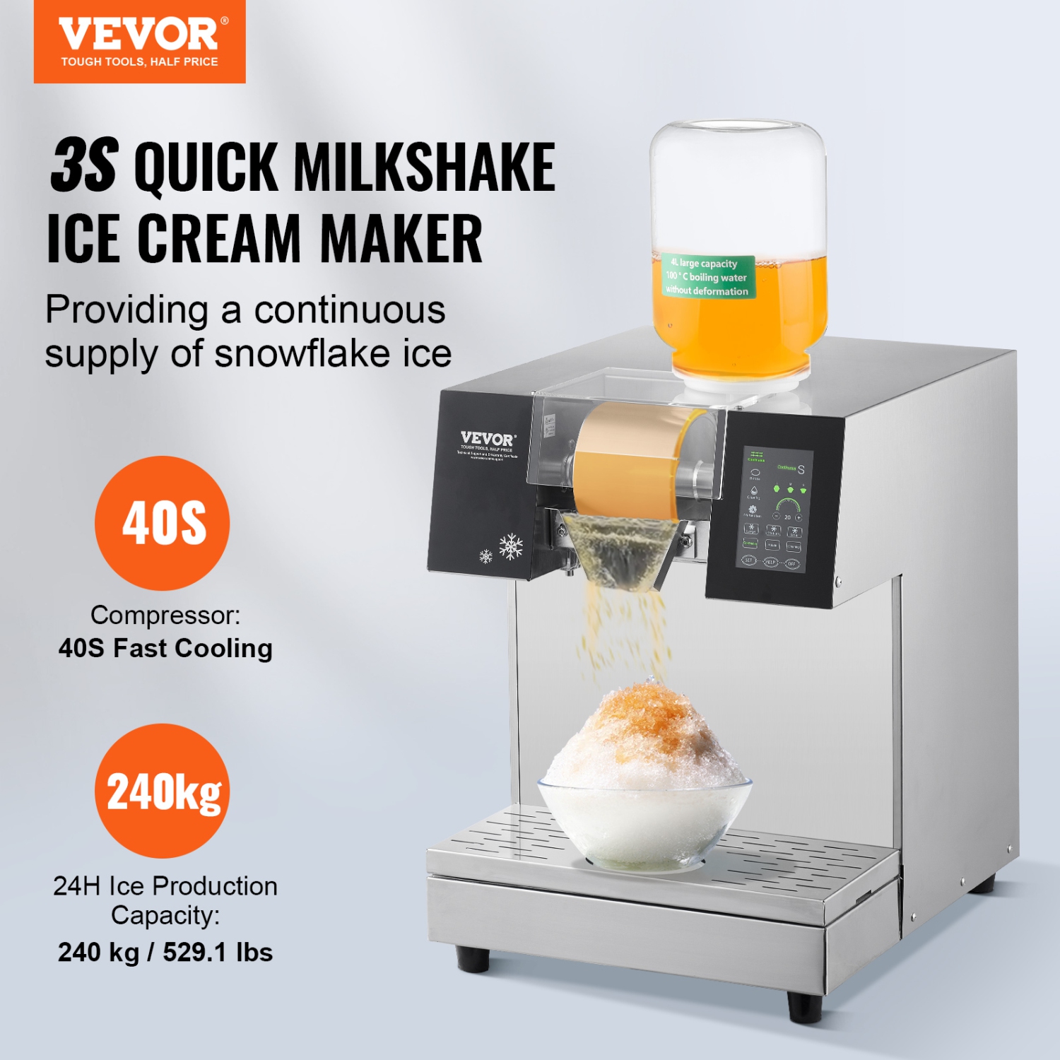 VEVOR 529.1LBS/24H Commercial Snowflake Ice Machine,Snowflake Ice Maker,Stainless Steel Ice Shaver Machine,Electric Snow Cone Maker,Liquid Cooling