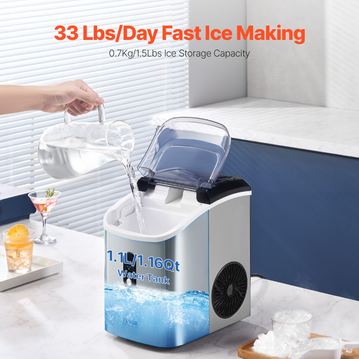 VEVOR 33lbs/24H Nugget Ice Maker, Pebble Ice Maker with Self Cleaning, Chewable Ice Maker with Ice Scoop & Basket, Stainless Steel Ice Machine with