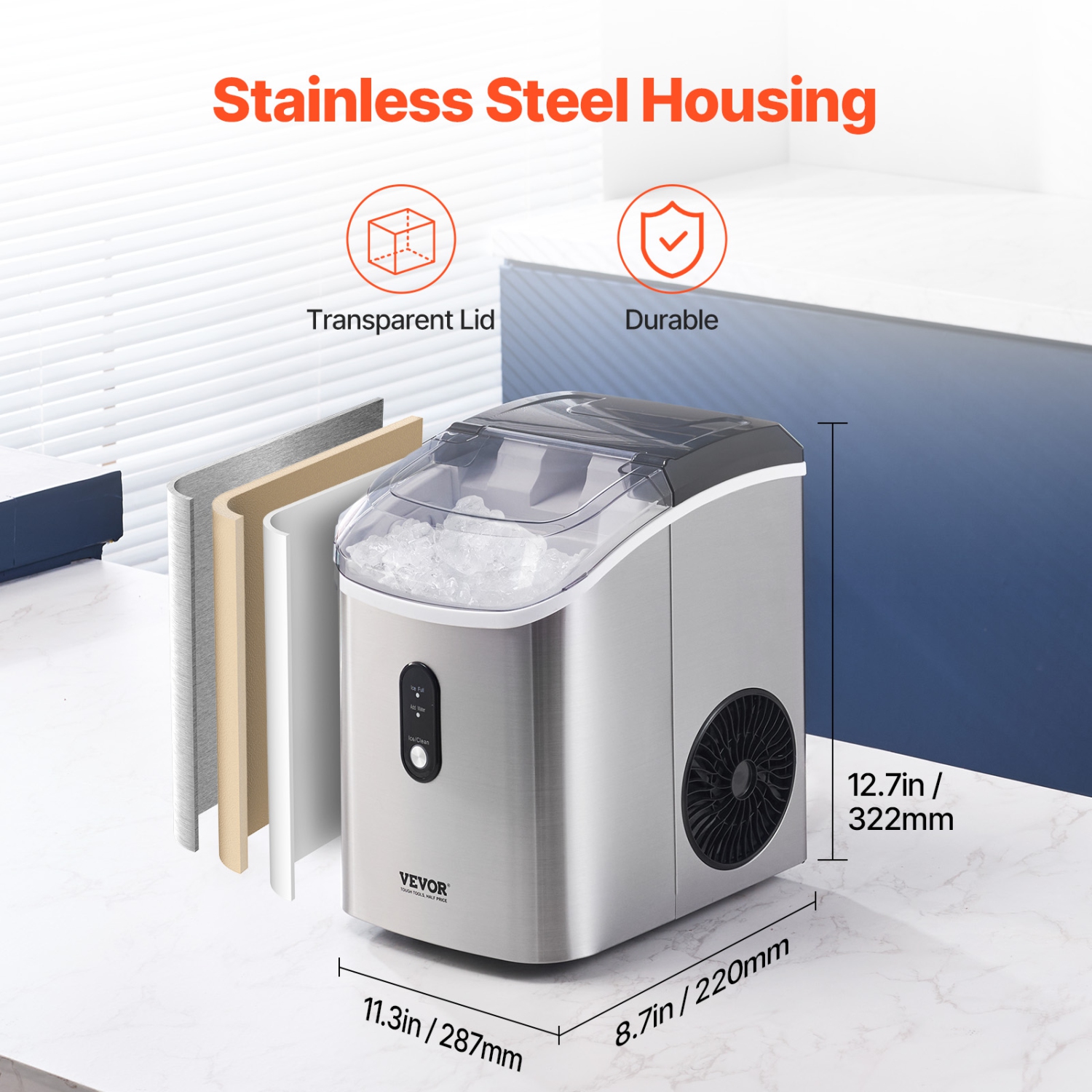 VEVOR 33lbs/24H Nugget Ice Maker, Pebble Ice Maker with Self Cleaning, Chewable Ice Maker with Ice Scoop & Basket, Stainless Steel Ice Machine with