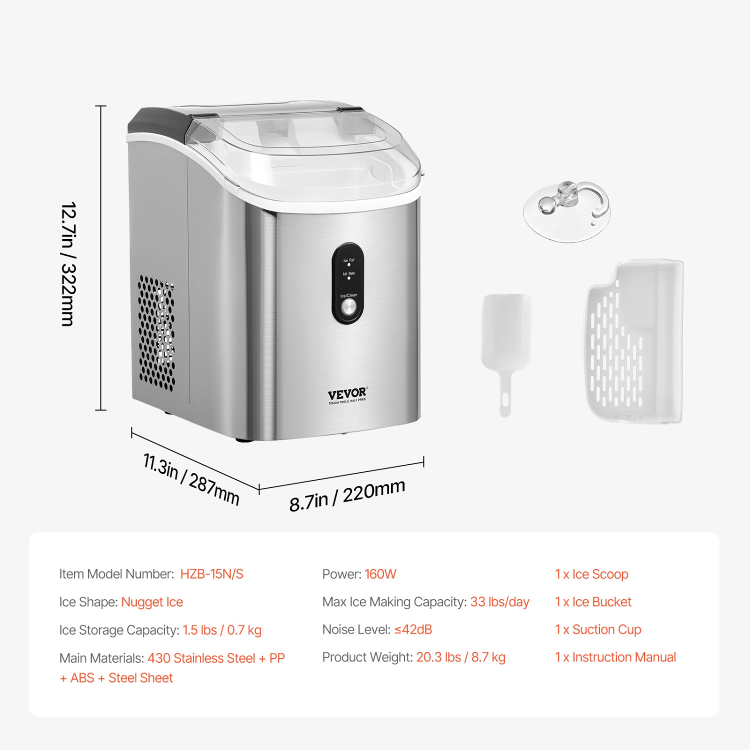 VEVOR 33lbs/24H Nugget Ice Maker, Pebble Ice Maker with Self Cleaning, Chewable Ice Maker with Ice Scoop & Basket, Stainless Steel Ice Machine with