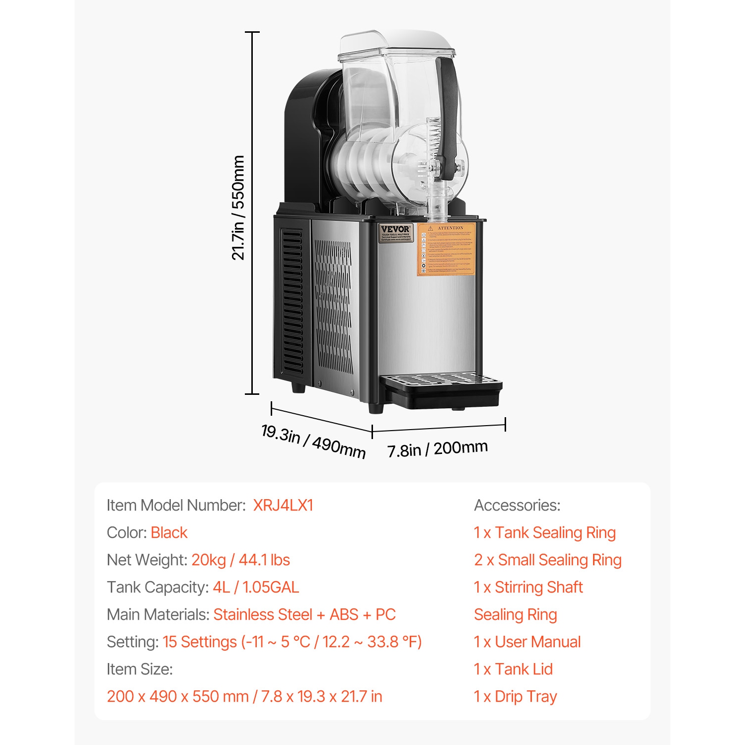 VEVOR 4L Commercial Slushy Machine, Single Tank Frozen Drink Machine, 16 Cups Stainless Steel Margarita Smoothie Frozen Drink Maker, Slushie Maker