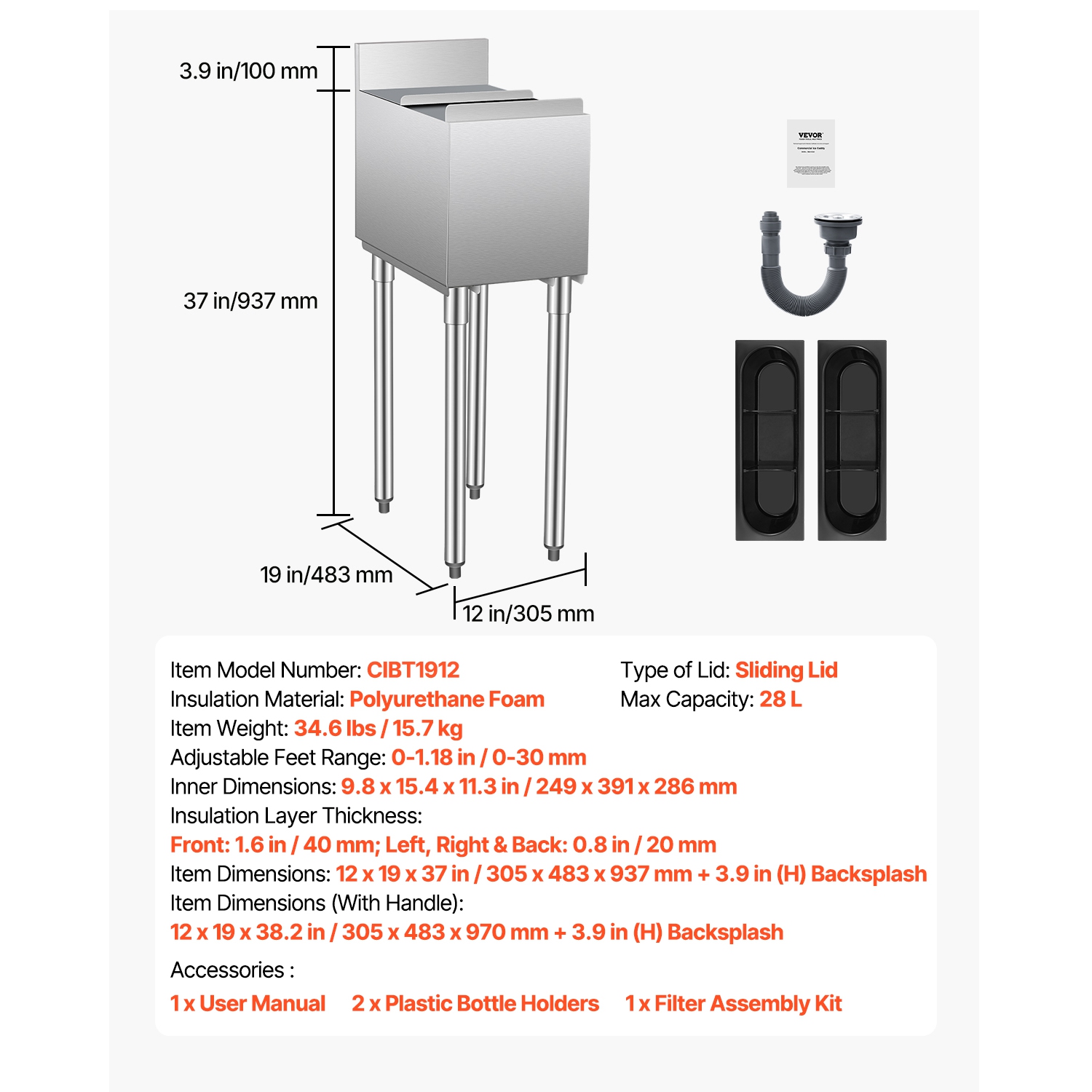 VEVOR 12 x 19 x 37 in Commercial Ice Bin, 28 L Underbar Ice Bin, Stainless Steel Ice Chest with Sliding Lid, Bottle Holders, Adjustable Bullet Feet,