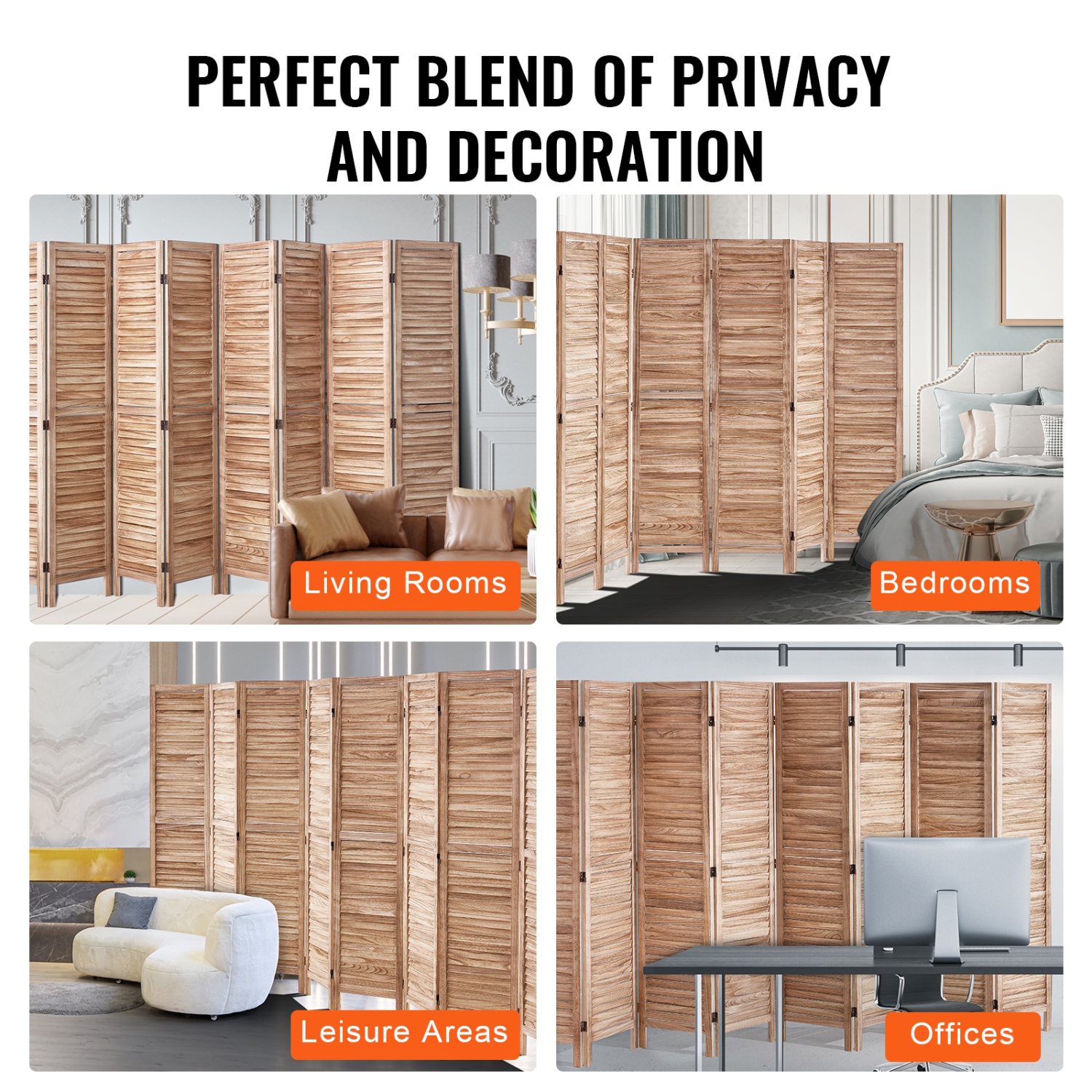VEVOR Wood Room Divider, 8 Panel Wood Folding Privacy Screen, 66.9 Inches&nbsp;Tall Indoor Louvered Partition Divider, Portable Decoration Screen,