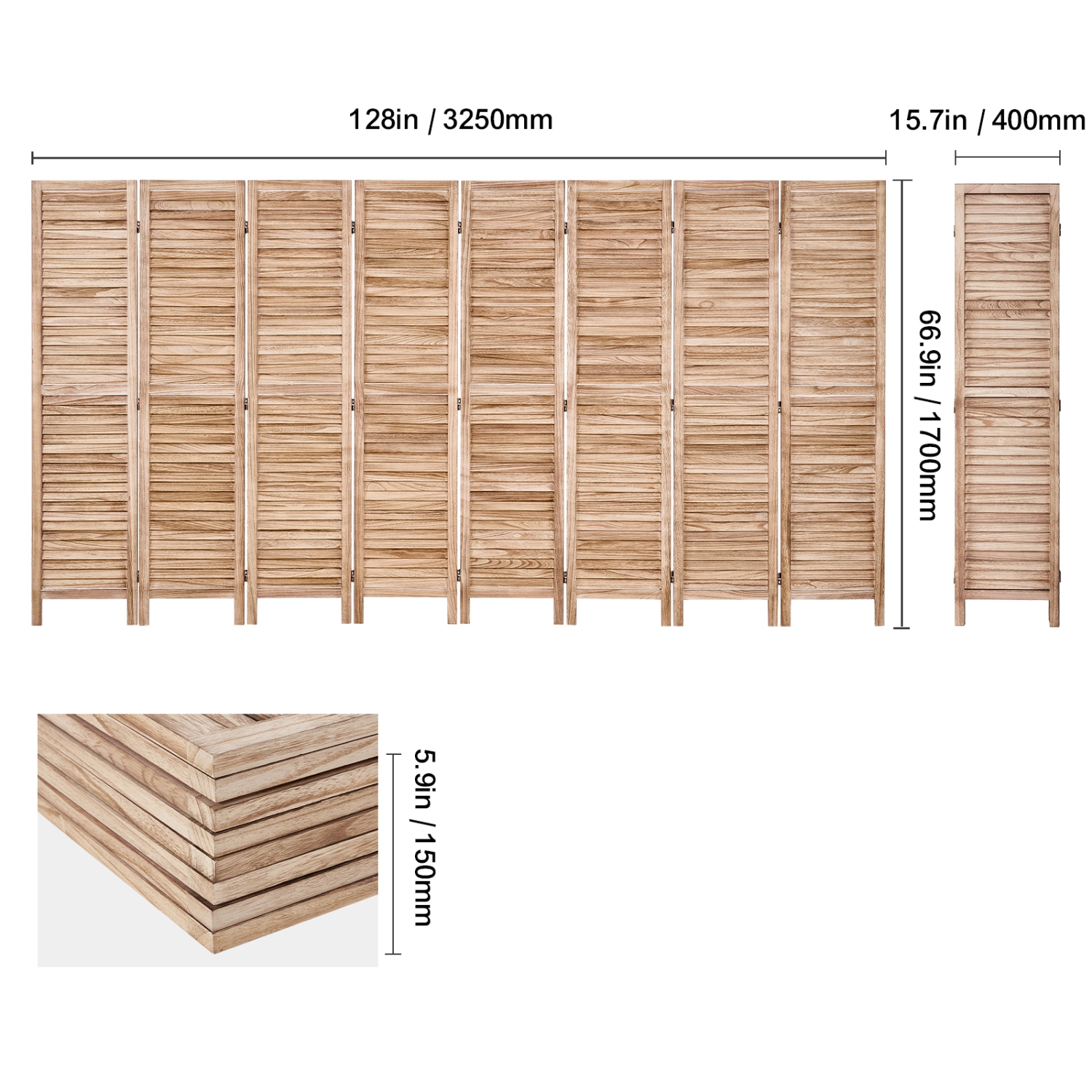 VEVOR Wood Room Divider, 8 Panel Wood Folding Privacy Screen, 66.9 Inches&nbsp;Tall Indoor Louvered Partition Divider, Portable Decoration Screen,