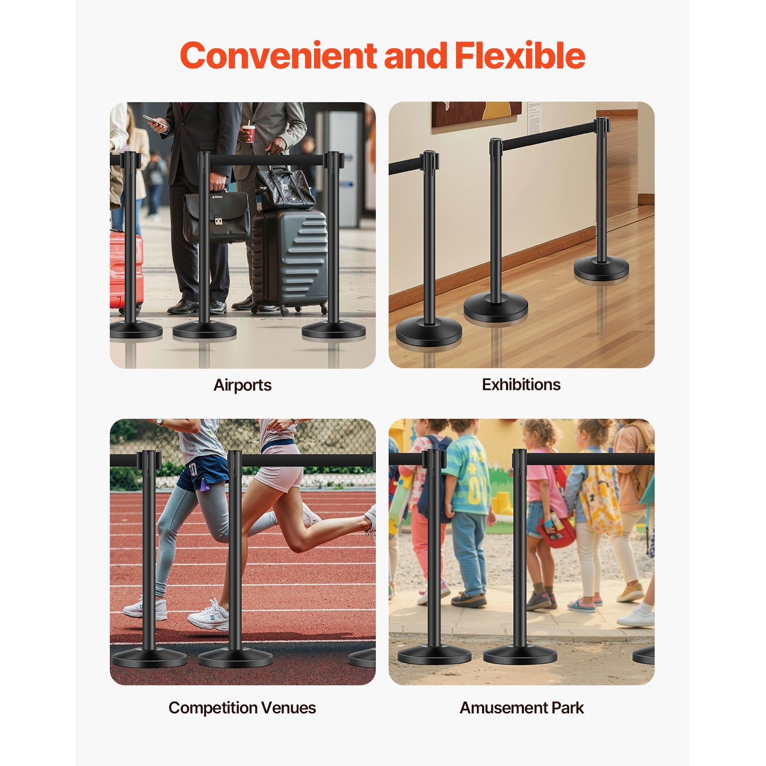 VEVOR 4 Pcs Stanchion Post, Crowd Control Barrier with 4 Retractable Belts, Carbon Steel Black Stanchion Post Queue with Sand Injection Hollow Base