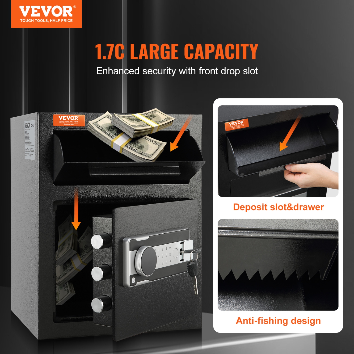 VEVOR 1.7 Cub Depository Safe, 17.71''x13.77''x13.77'',Deposit Safe with Drop Slot, Electronic Code Lock and 2 Emergency Keys, Business Drop Slot