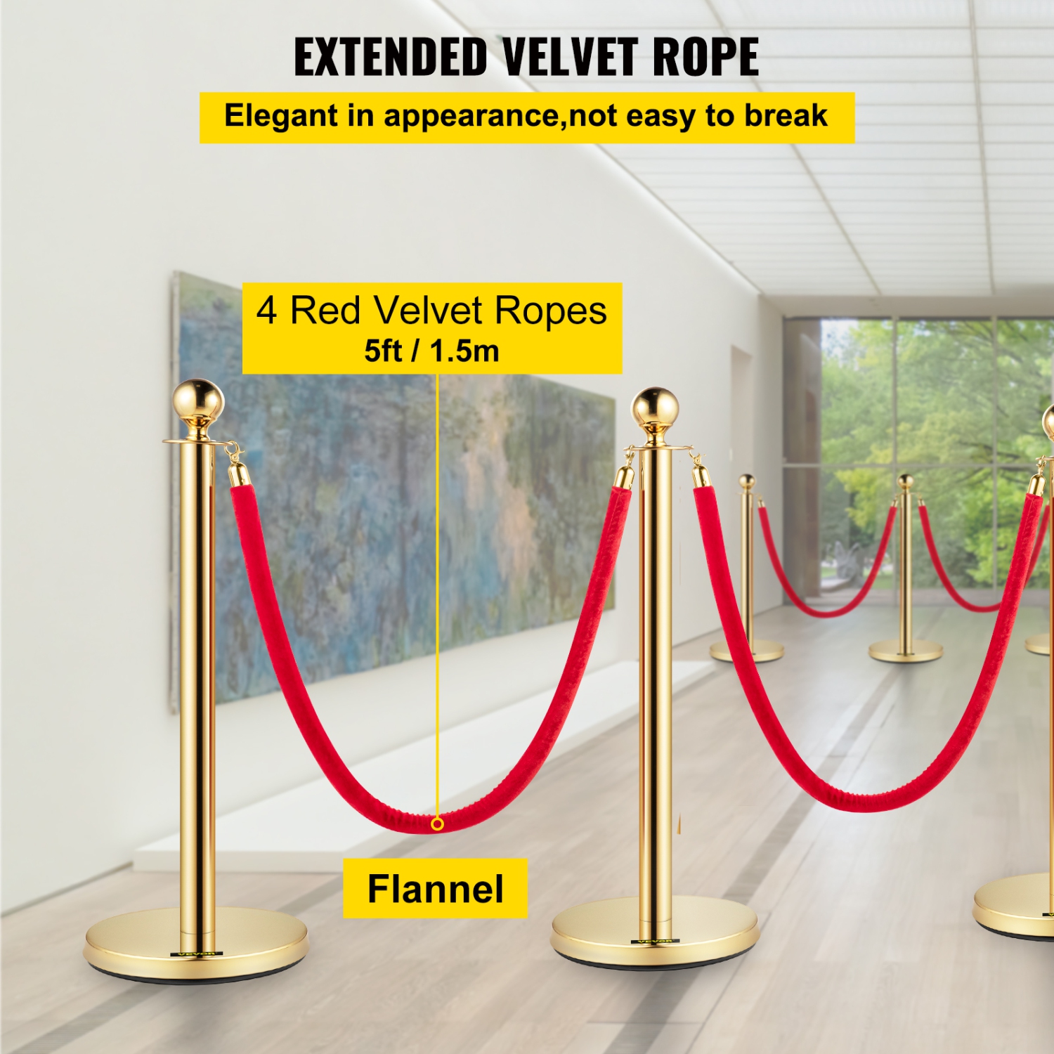 Ensemble de 6 poteaux de fixation en acier inoxydable doré avec corde rétractable rouge de 38&nbsp;po de VEVOR pour l'intérieur et l'extérieur