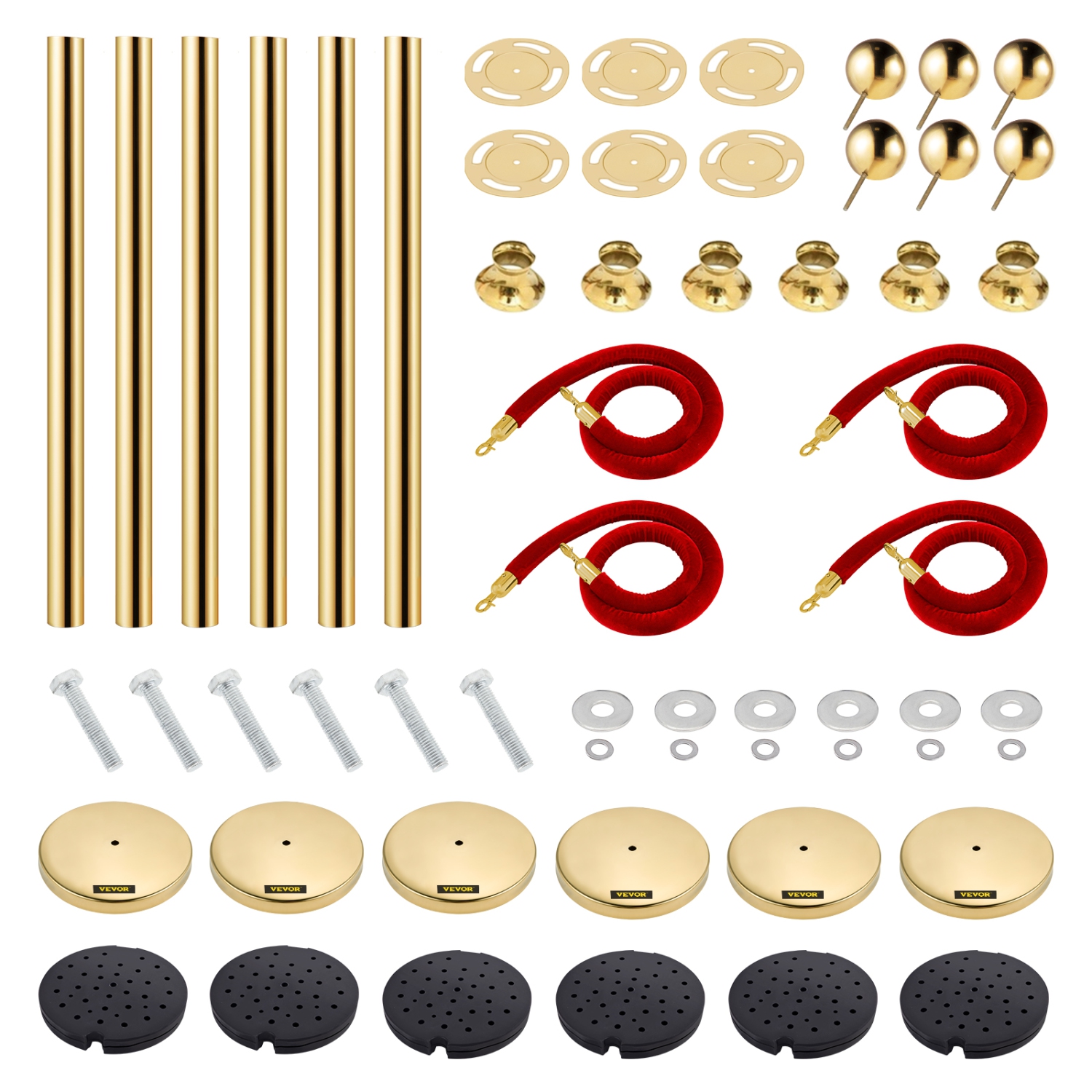 Ensemble de 6 poteaux de fixation en acier inoxydable doré avec corde rétractable rouge de 38&nbsp;po de VEVOR pour l'intérieur et l'extérieur