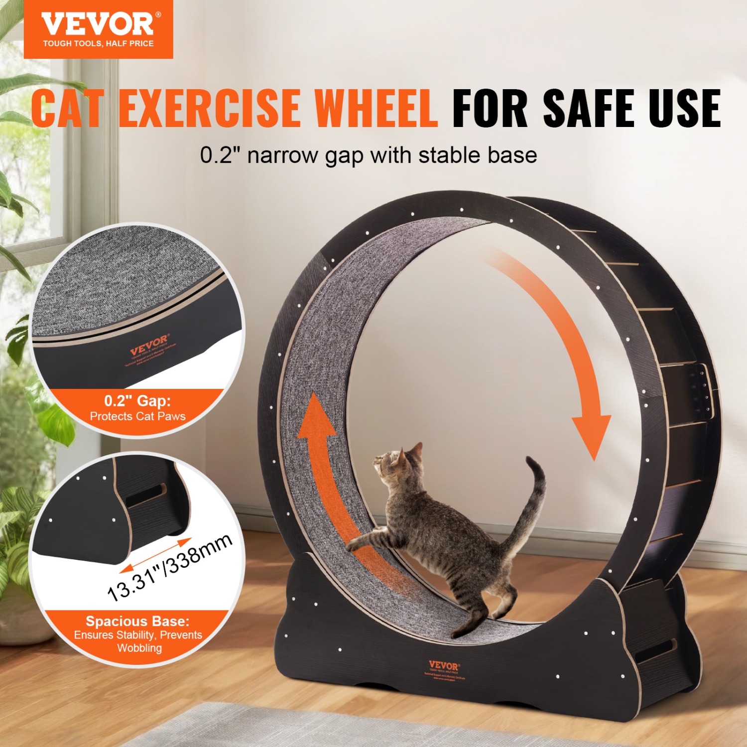 VEVOR 43.3in Wooden Cat Exercise Wheel, Large Cat Treadmill Wheel for Indoor Cats, with Detachable Carpet & Cat Teaser for Running/Walking/Training,