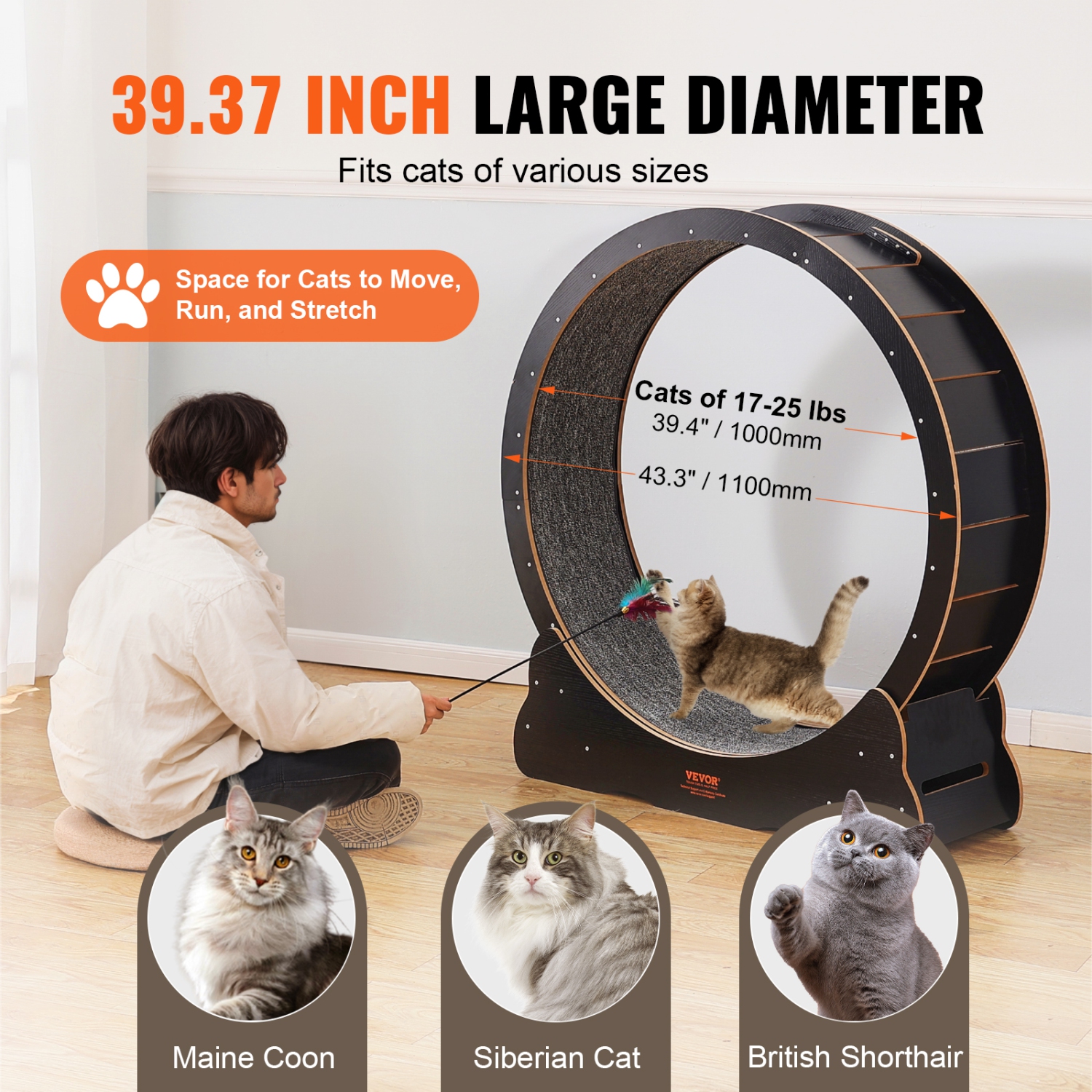 VEVOR 43.3in Wooden Cat Exercise Wheel, Large Cat Treadmill Wheel for Indoor Cats, with Detachable Carpet & Cat Teaser for Running/Walking/Training,