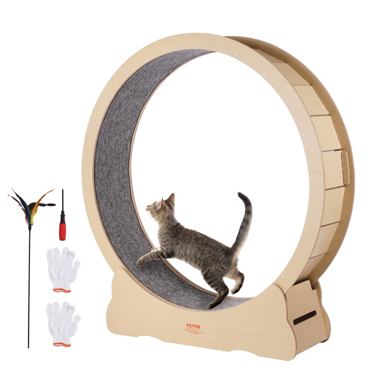 VEVOR 52 in Wooden Cat Exercise Wheel, Large Cat Treadmill Wheel for Indoor Cats, with Detachable Carpet & Cat Teaser for Running/Walking/Training,