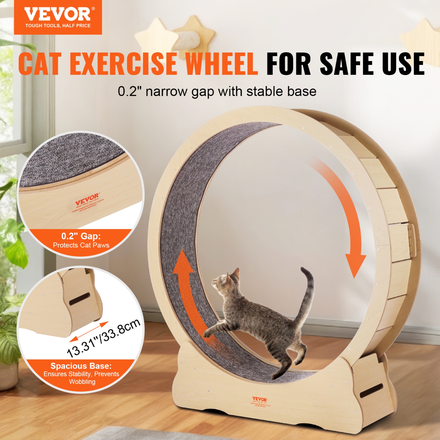 VEVOR 52 in Wooden Cat Exercise Wheel, Large Cat Treadmill Wheel for Indoor Cats, with Detachable Carpet & Cat Teaser for Running/Walking/Training,