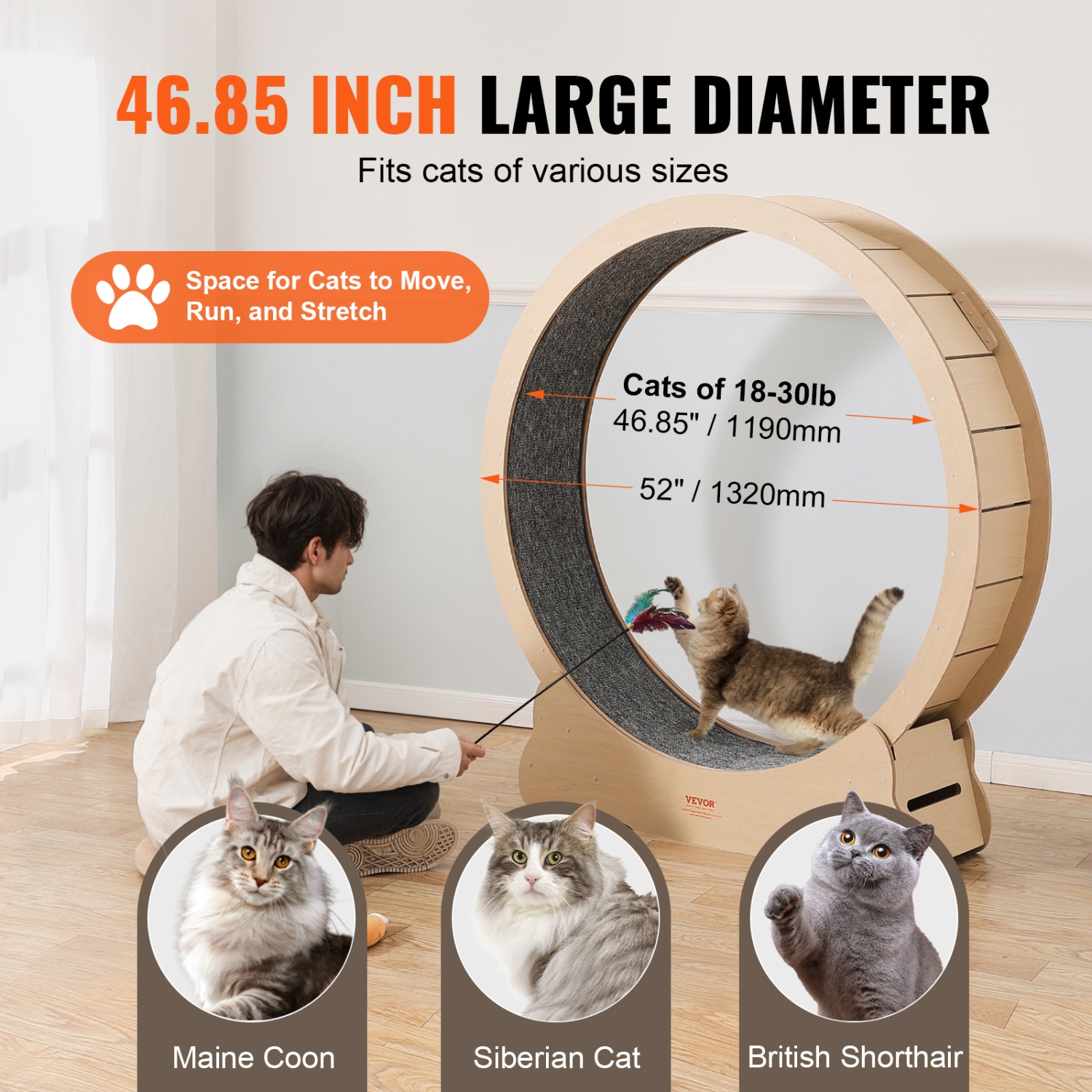 VEVOR 52 in Wooden Cat Exercise Wheel, Large Cat Treadmill Wheel for Indoor Cats, with Detachable Carpet & Cat Teaser for Running/Walking/Training,