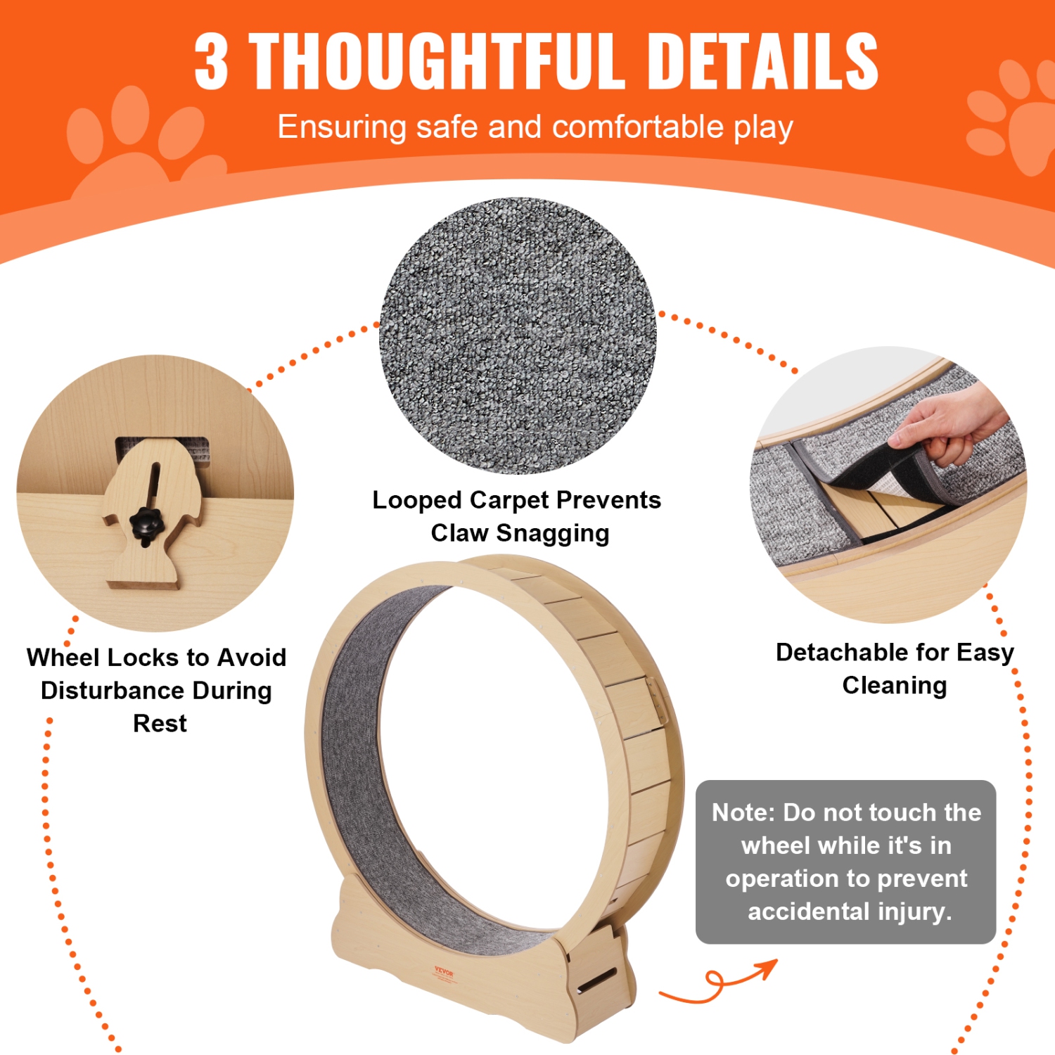 VEVOR 52 in Wooden Cat Exercise Wheel, Large Cat Treadmill Wheel for Indoor Cats, with Detachable Carpet & Cat Teaser for Running/Walking/Training,