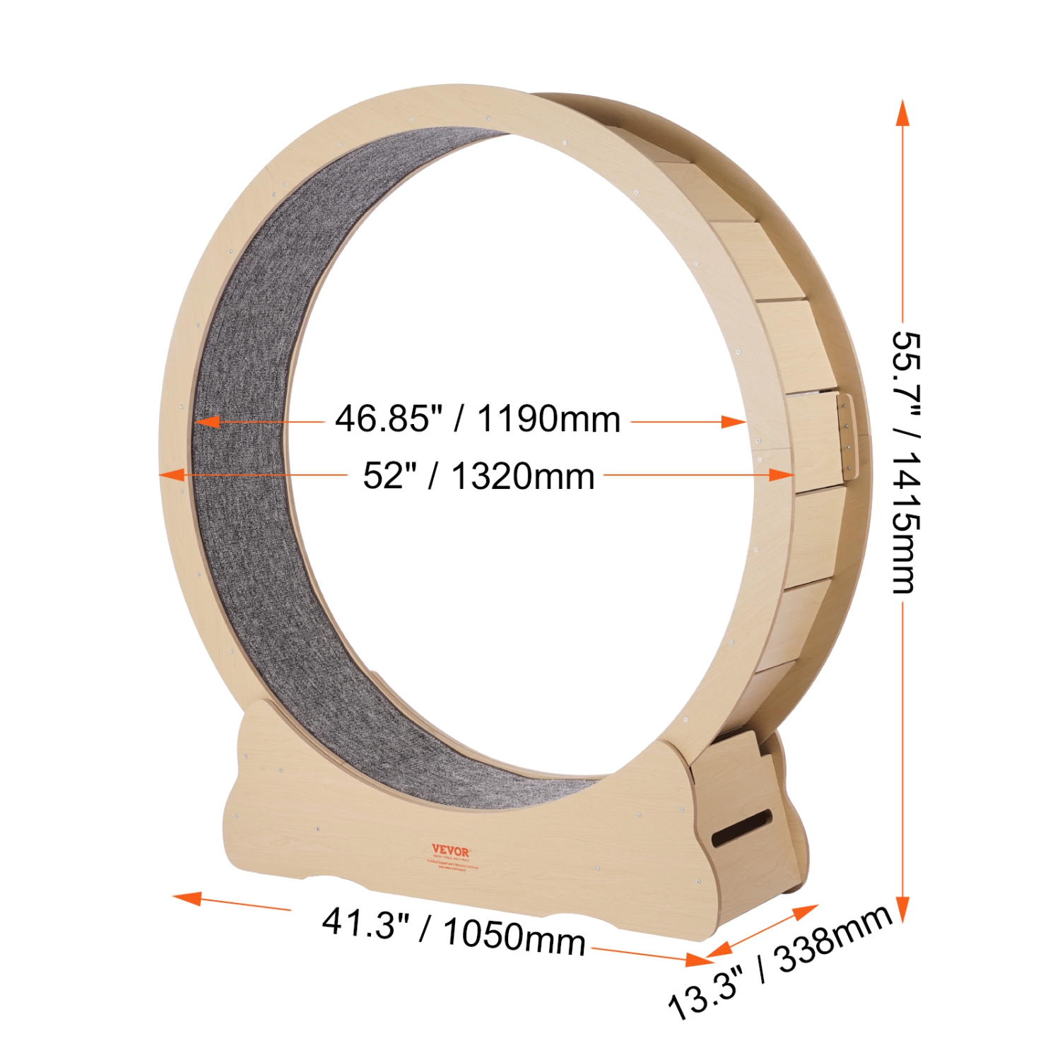 VEVOR 52 in Wooden Cat Exercise Wheel, Large Cat Treadmill Wheel for Indoor Cats, with Detachable Carpet & Cat Teaser for Running/Walking/Training,