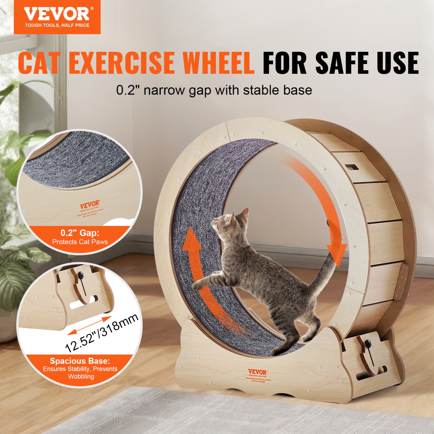 VEVOR 29.5 in Cat Exercise Wheel, Large Cat Treadmill Wheel for Indoor Cats, with Detachable Carpet and Cat Teaser for Running/Walking/Training,