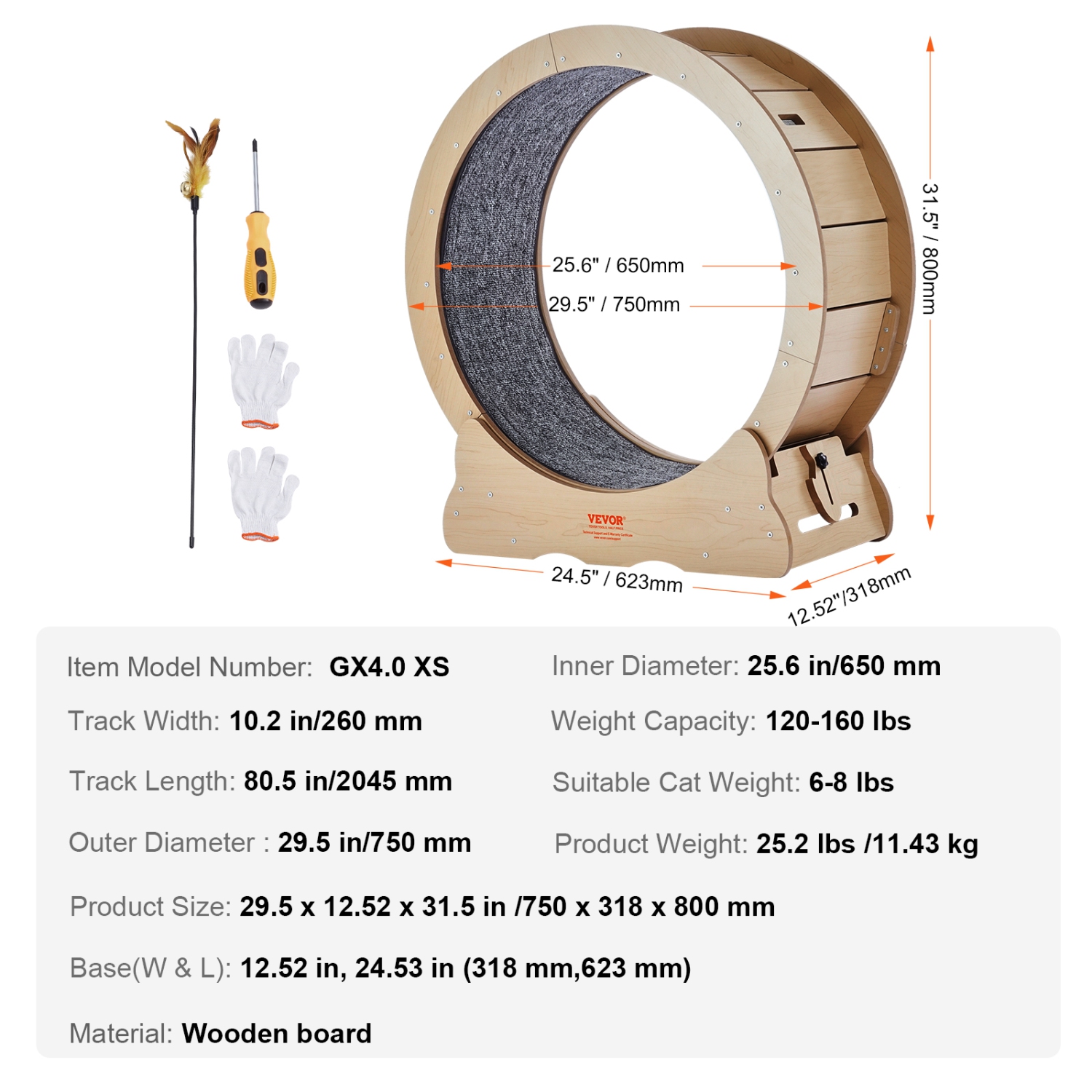 VEVOR 29.5 in Cat Exercise Wheel, Large Cat Treadmill Wheel for Indoor Cats, with Detachable Carpet and Cat Teaser for Running/Walking/Training,