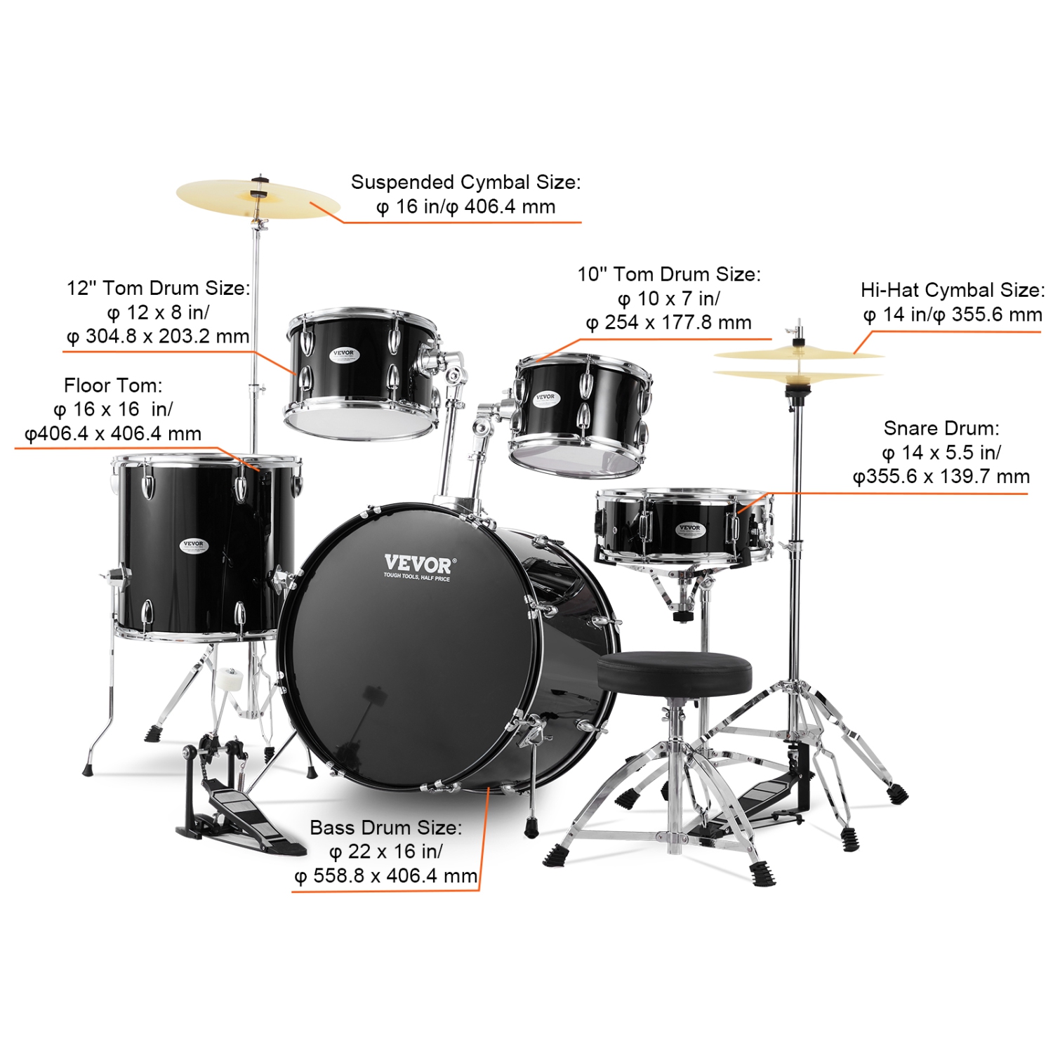 Batterie 5 pièces VEVOR pour adulte, batterie pleine grandeur complète 22&nbsp;pouces avec caisse claire/basse, support de siège réglable, pédale