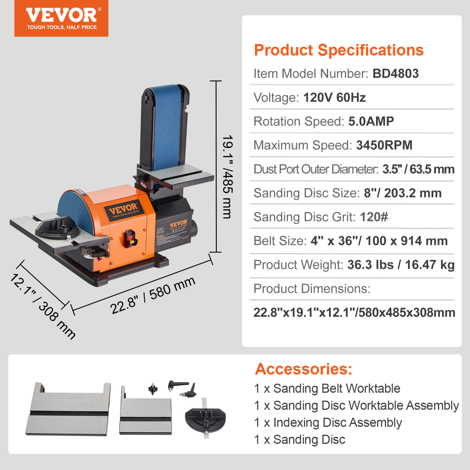 VEVOR 4 x 36 in Professional Belt Sander, 6" Disc Sander. Belt Sander with 5A Induction Motor Cast Aluminum Worktable for Woodworking, Metalworking