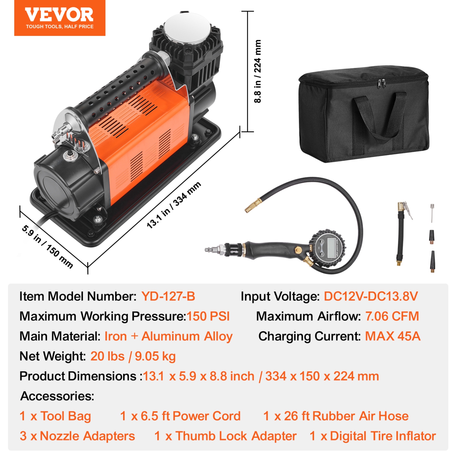 Compresseur d'air robuste VEVOR 12&nbsp;V avec manomètre numérique pour gonflage de pneus, gonfleur de pneus portatif de 7,06 pi3/min, pompe à air