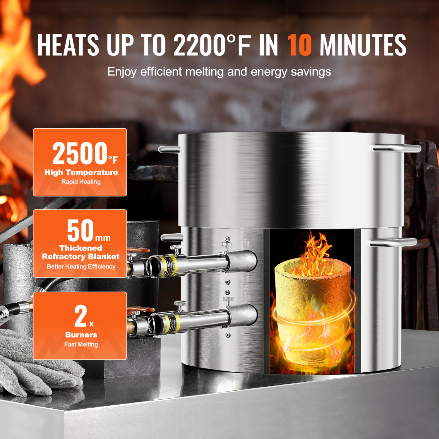 VEVOR 16KG/35lbs Propane Melting Furnace Kit, Gas Metal Melting Furnace Kit, Dual Burner Foundry Home Kiln with Crucibles and Tongs, Smelting Casting