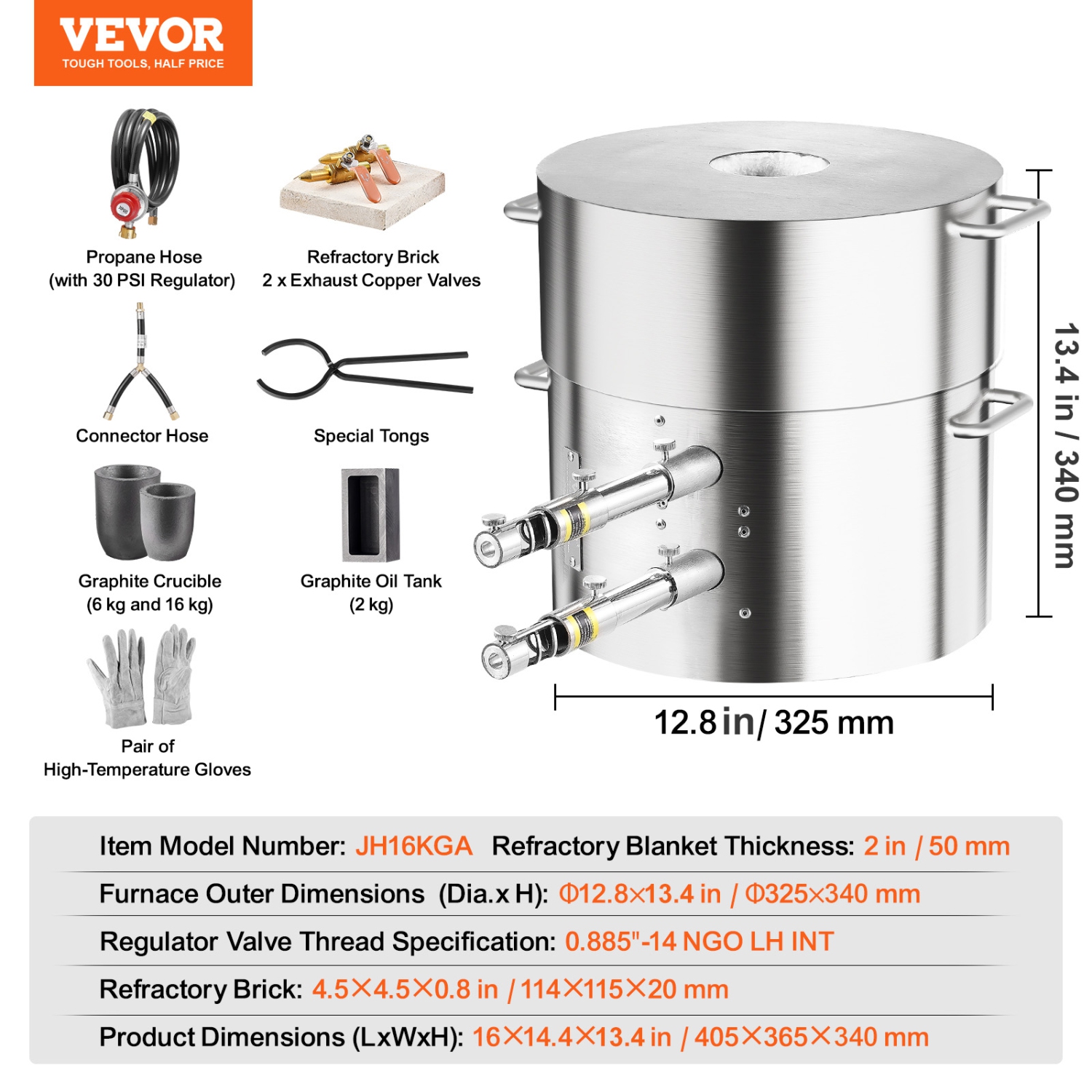 VEVOR 16KG/35lbs Propane Melting Furnace Kit, Gas Metal Melting Furnace Kit, Dual Burner Foundry Home Kiln with Crucibles and Tongs, Smelting Casting