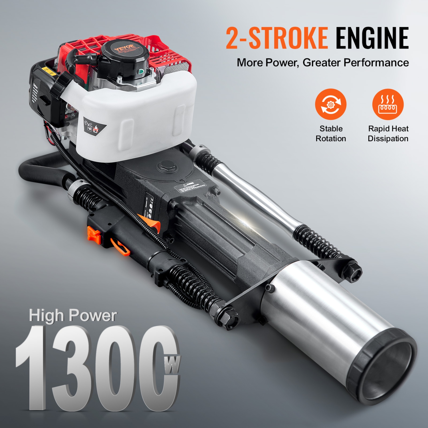 VEVOR 52cc Gas-Powered T Post Driver, 2-Stroke Engine Gasoline Fence Piling Pounder, 1300W Portable Piledriver with 3 Post Driving Head(49/69/100 mm)
