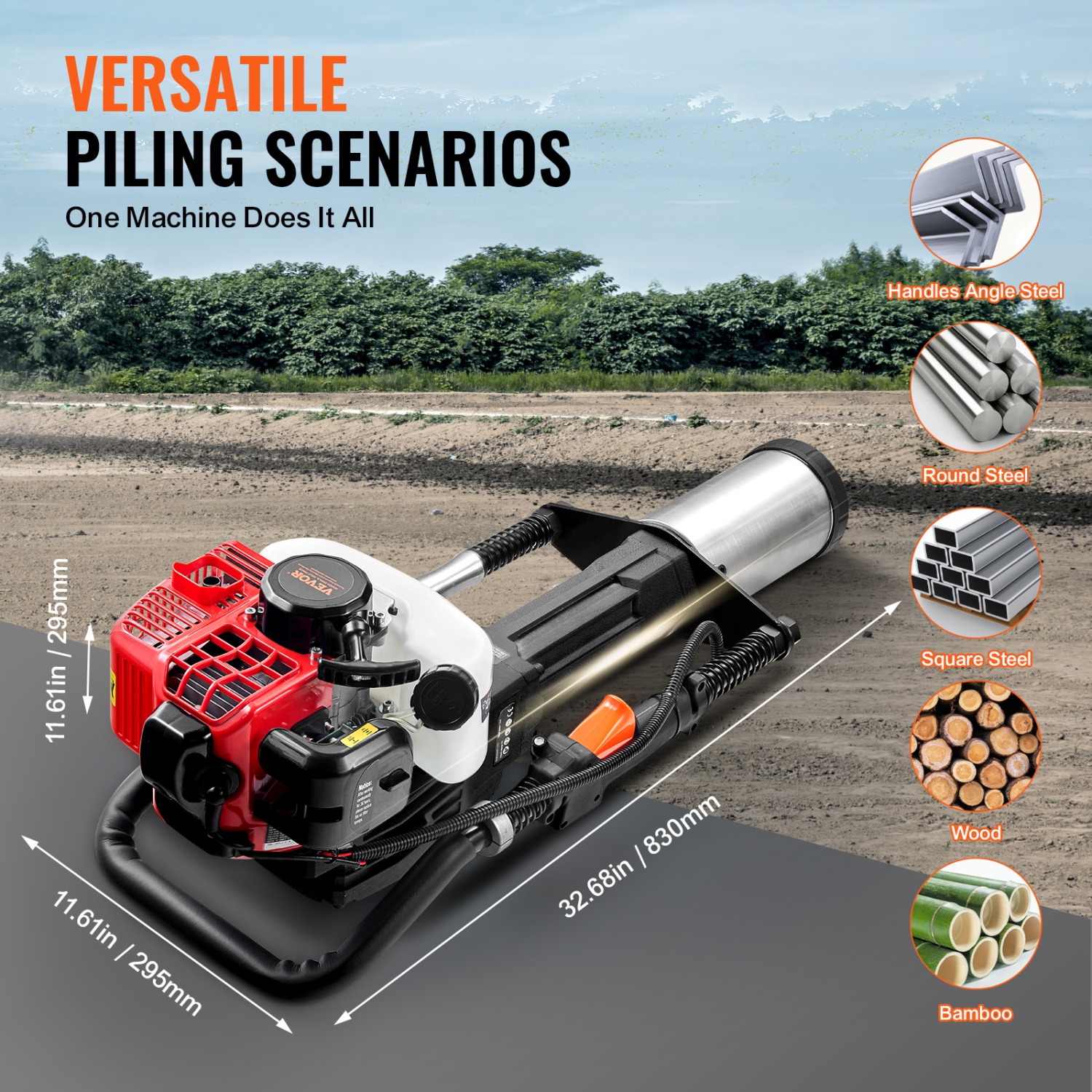 VEVOR 52cc Gas-Powered T Post Driver, 2-Stroke Engine Gasoline Fence Piling Pounder, 1300W Portable Piledriver with 3 Post Driving Head(49/69/100 mm)