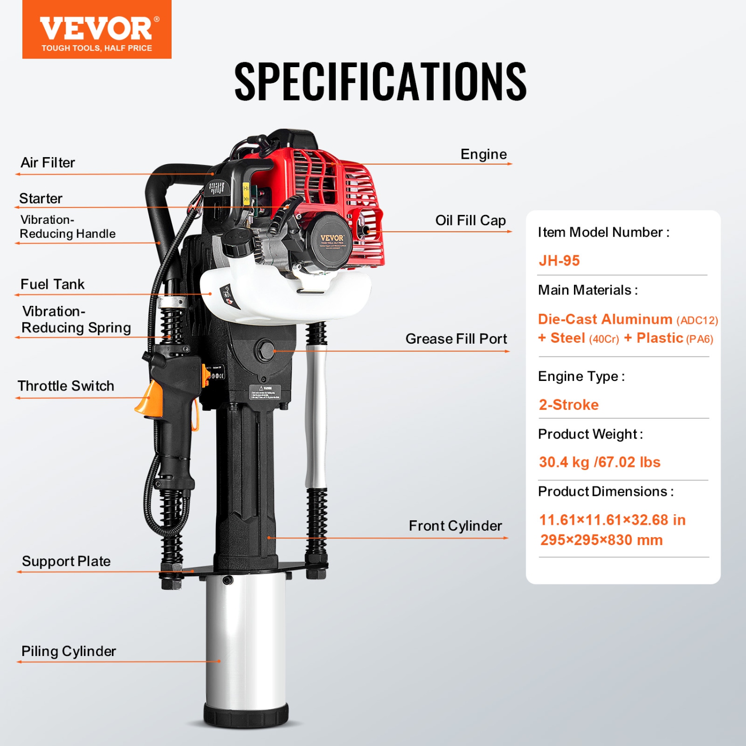 VEVOR 52cc Gas-Powered T Post Driver, 2-Stroke Engine Gasoline Fence Piling Pounder, 1300W Portable Piledriver with 3 Post Driving Head(49/69/100 mm)