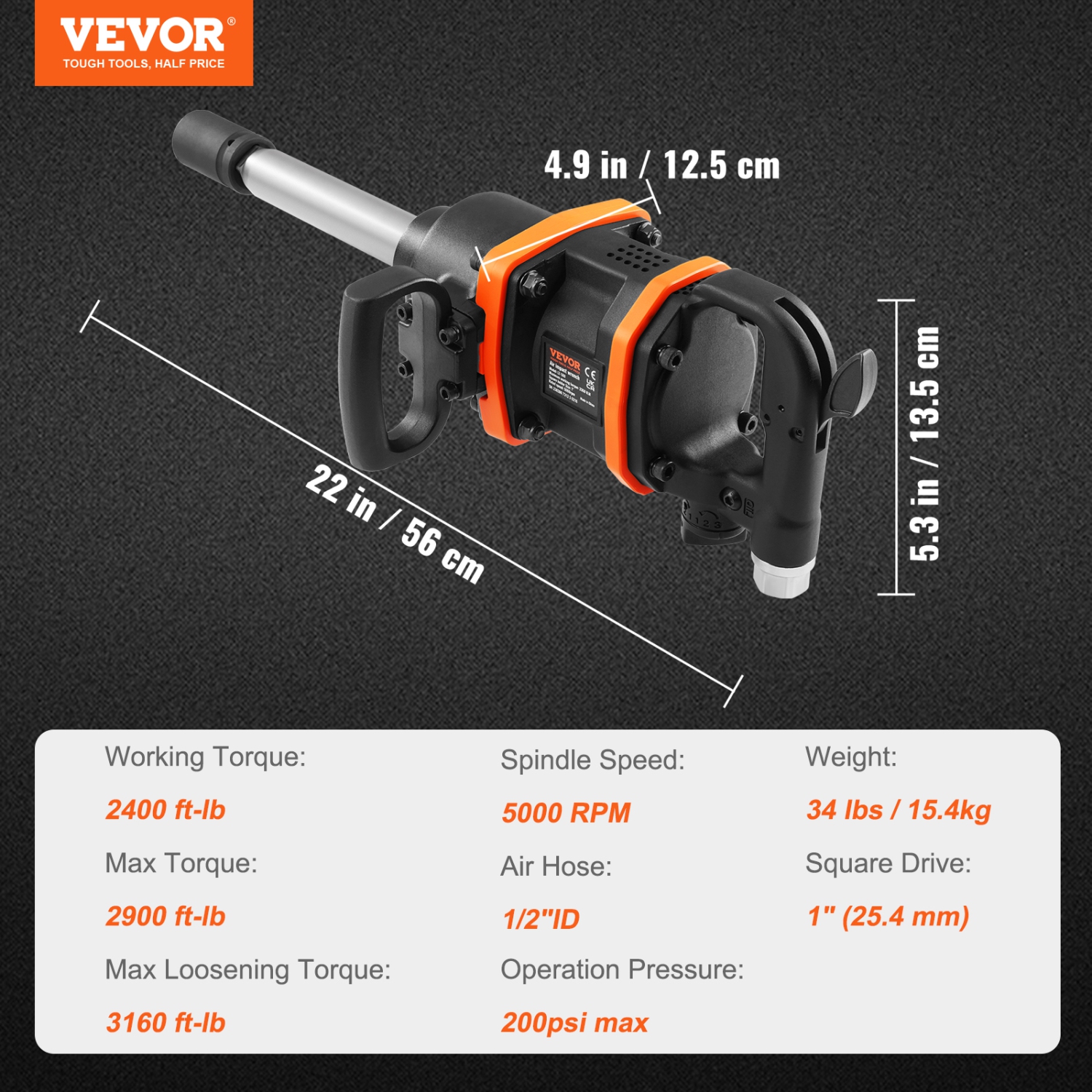 VEVOR 1 Inch Air Impact Wrench, Up to 3160 ft-lbs High Reverse Torque Output 1" Pneumatic Impact Gun w/ 8 Inch Extended Anvil & Carrying Case for