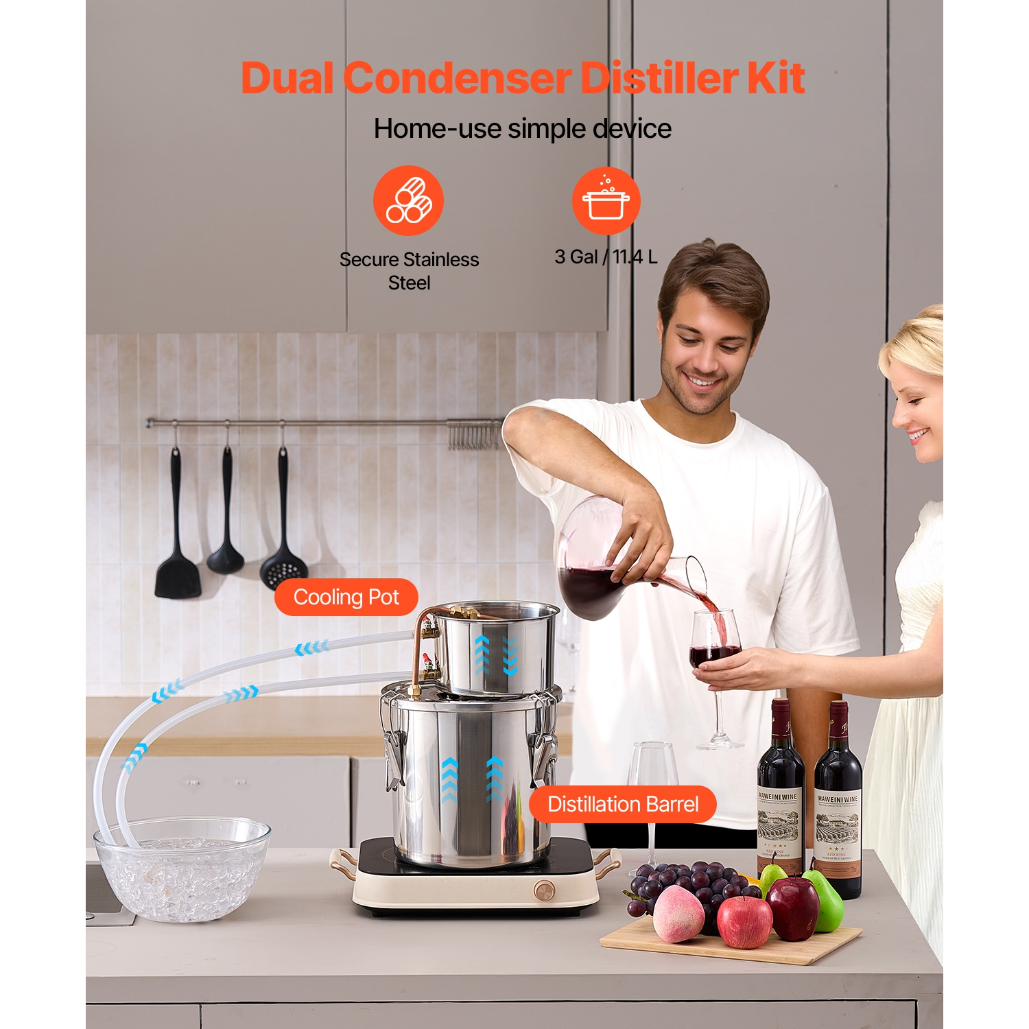 VEVOR 3 Gal / 11.4 L Alcohol Still, Stainless Steel Water Alcohol Distiller with Copper Coil, Home Brewing Refining Fermentation Kit with