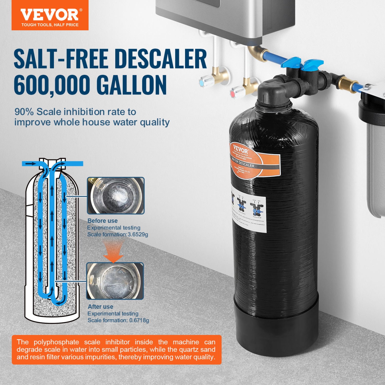 VEVOR 600,000 Gallon Whole House Salt Free Descaler, Water Filter for City Water, Whole House Water Descaler for All Kinds of Plumbing Pipes,1" NPT &